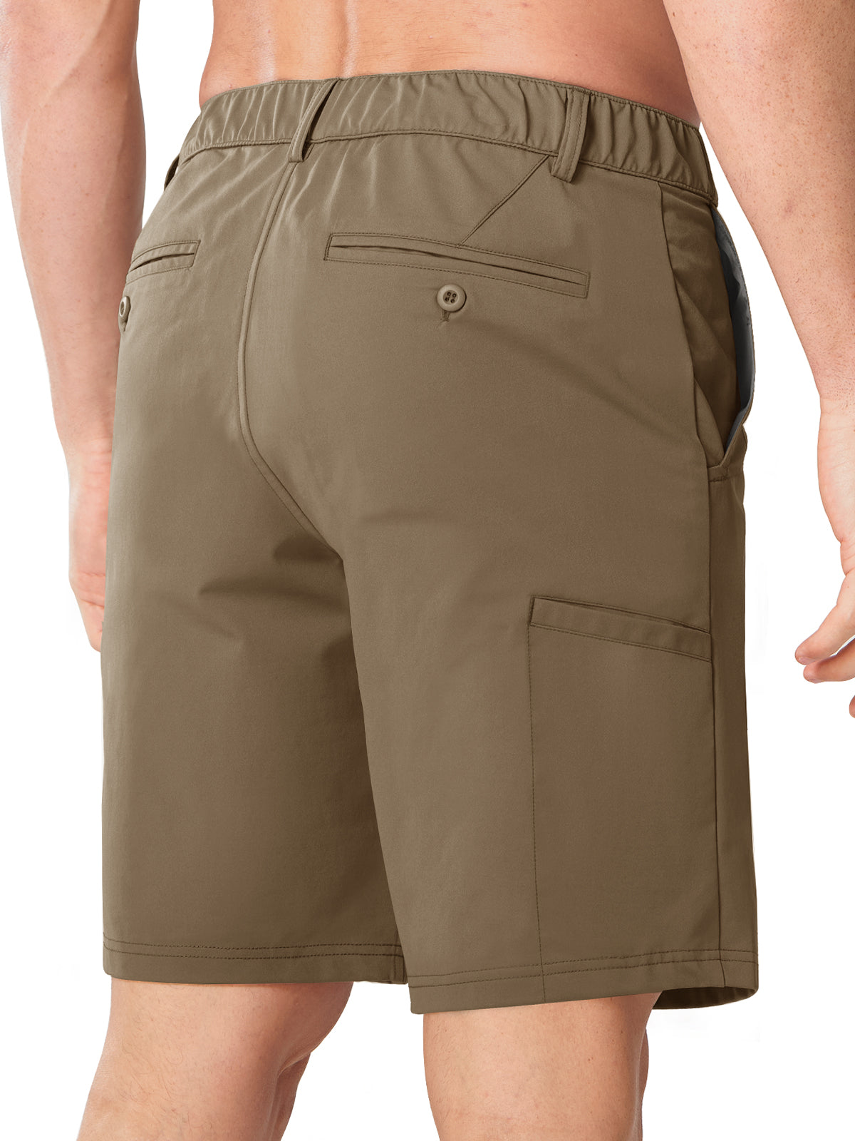 Darkkhaki Men's Performance Work Shorts - Back View Featuring Secure Button-Closure Pockets