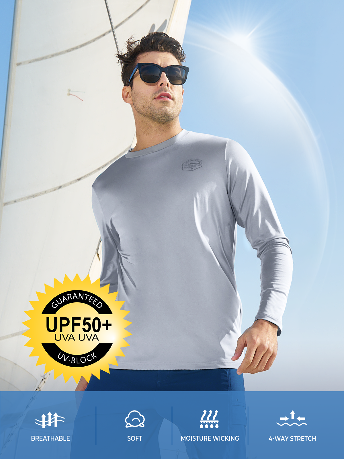Men's Sun Protection UV Fishing T Shirts Crewneck Long Sleeve for Swim