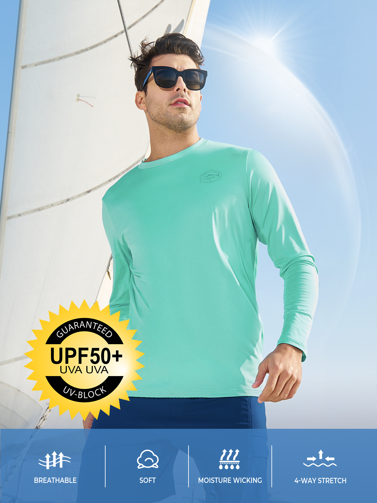 Men's Sun Protection UV Fishing T Shirts Crewneck Long Sleeve for Swim