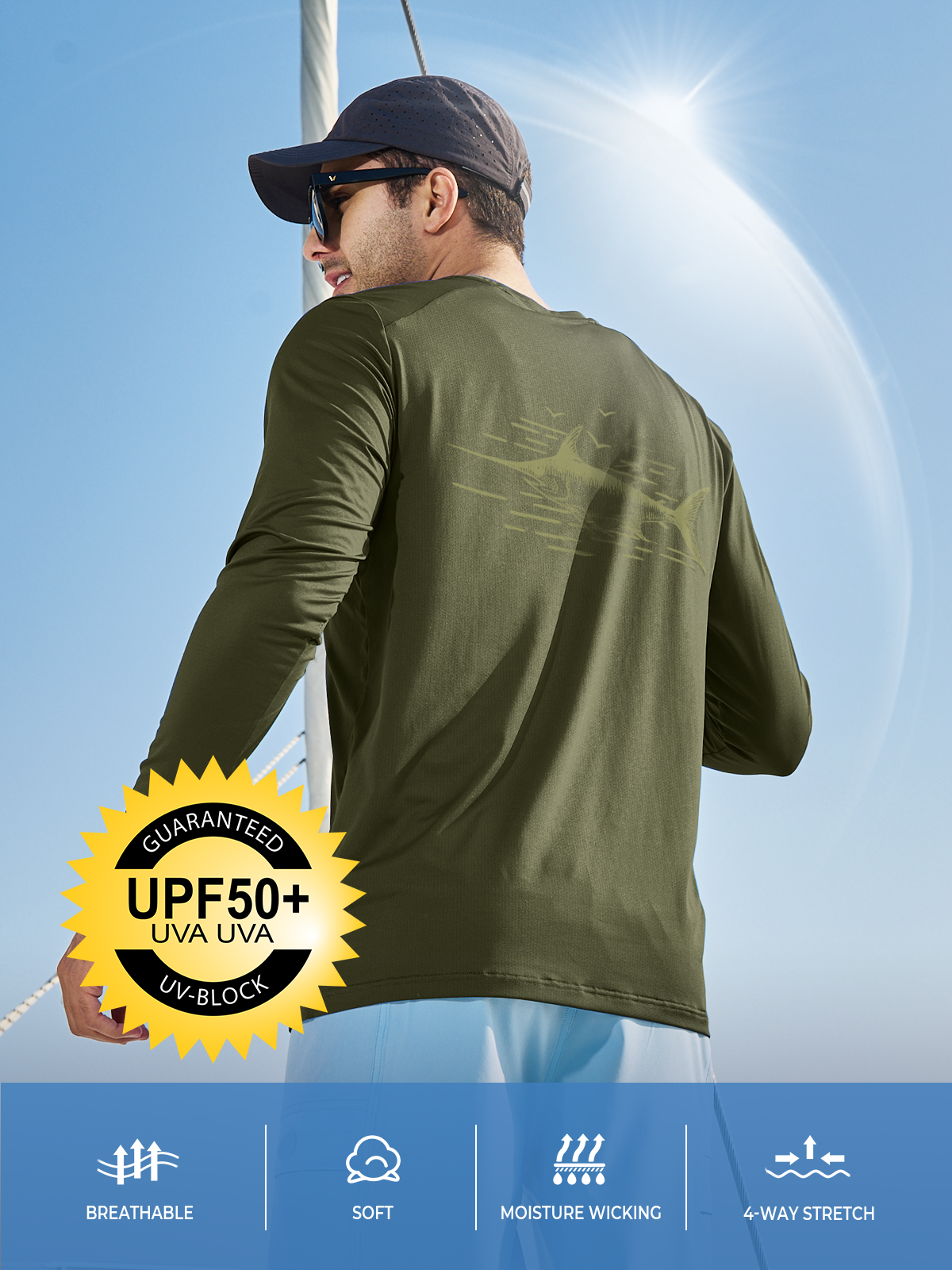 Men's Sun Protection UV Fishing T Shirts Crewneck Long Sleeve for Swim