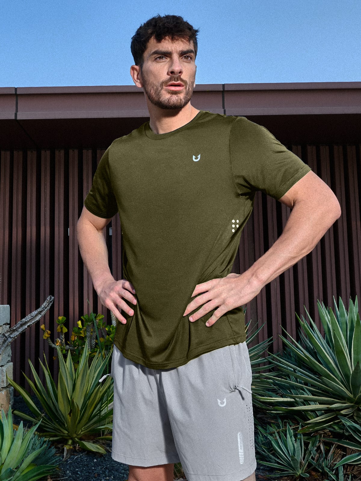 Armygreen Men's Performance Running Shirt On-Model - Lightweight Gym & Workout Gear