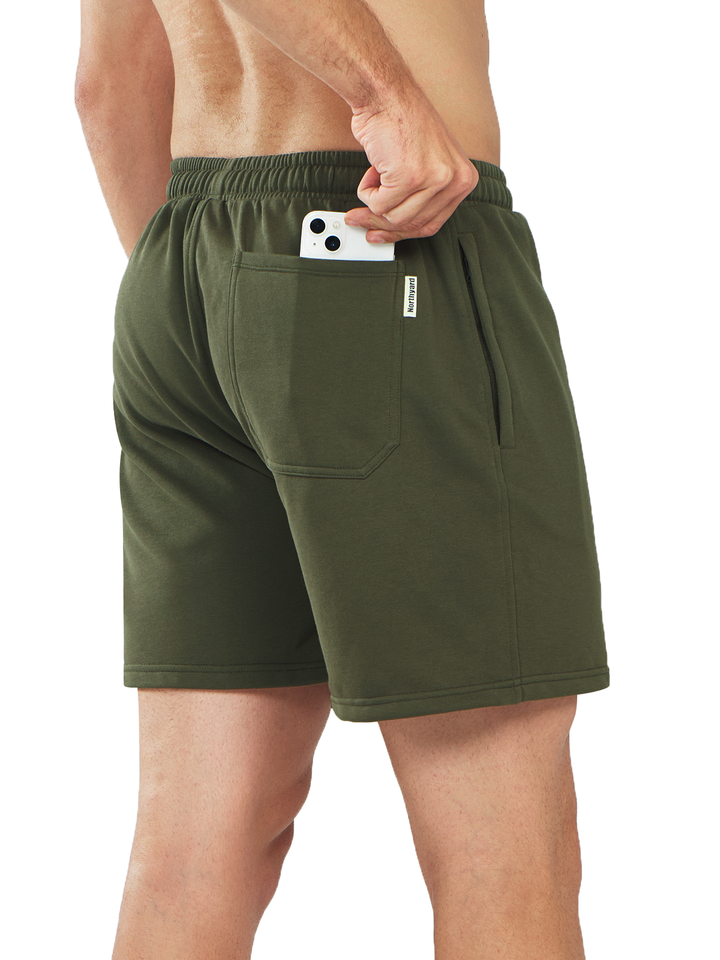 Northyard Men's Army Green Cotton 5 inch Lounge Sweat Shorts with Pockets for Work Running Back