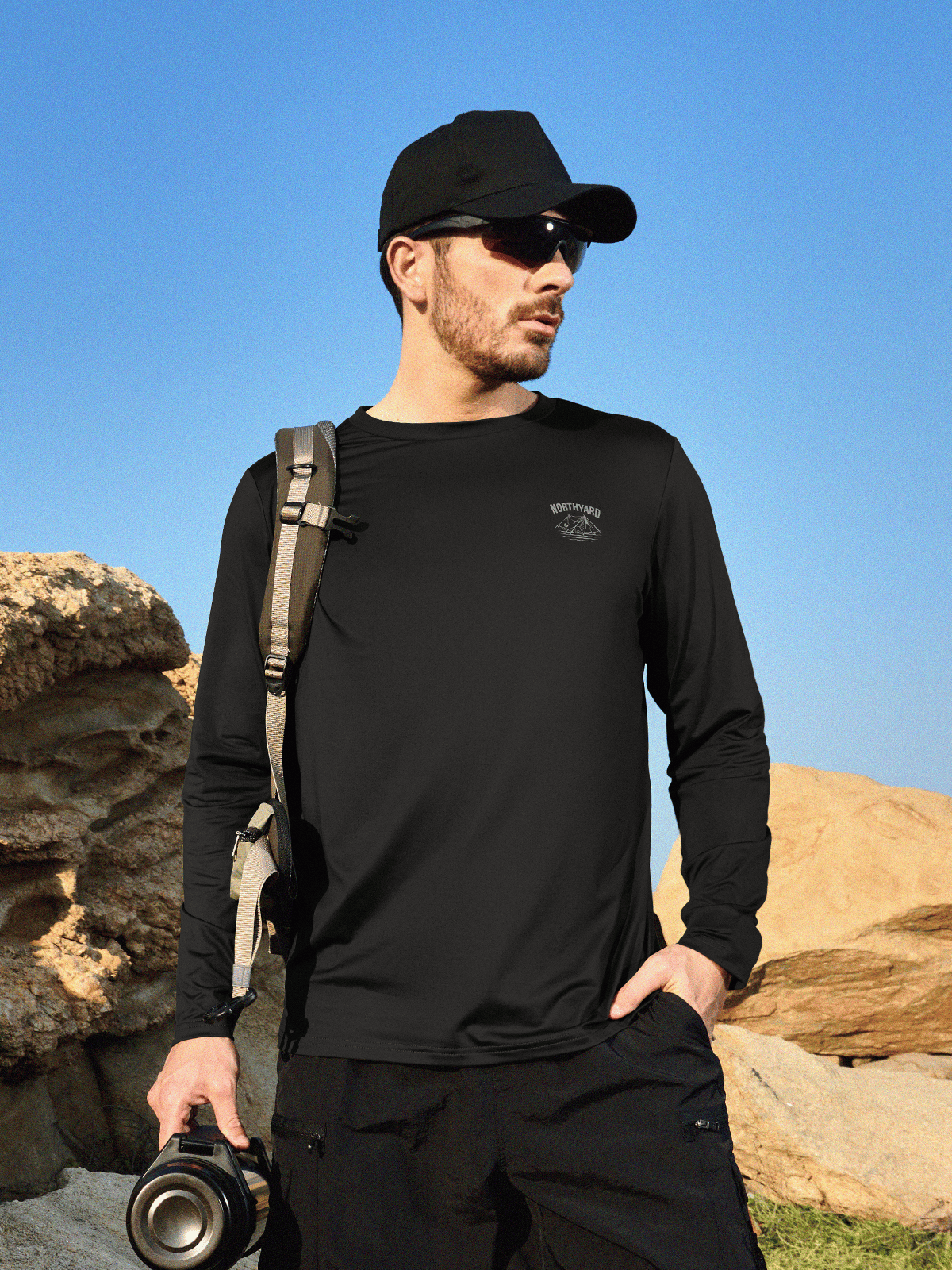 Black Men's UPF 50+ Sun Protection Shirt On-Model - Long Sleeve Fishing Rash Guard