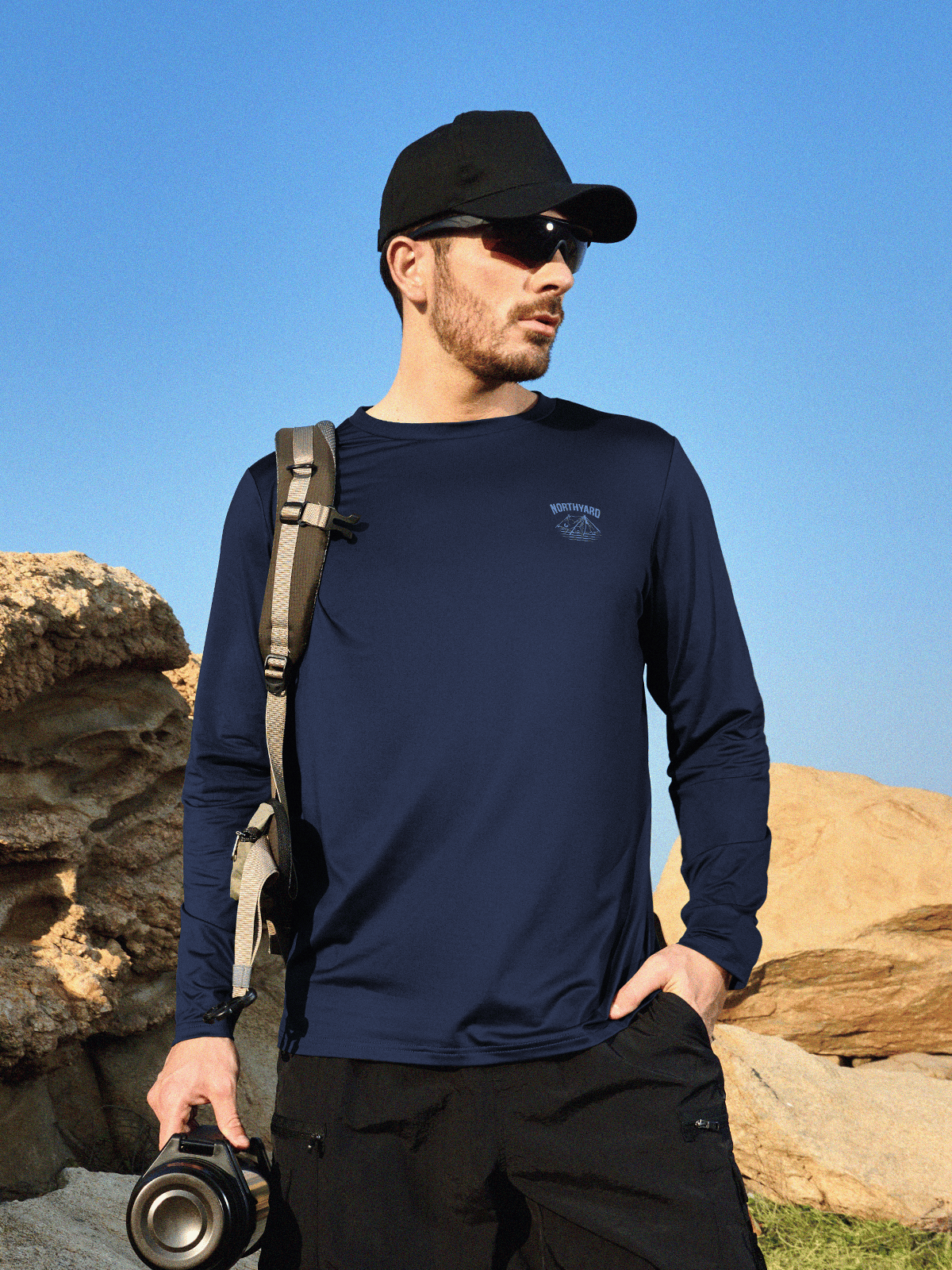 Navy Men's UPF 50+ Sun Protection Shirt On-Model - Long Sleeve Fishing Rash Guard