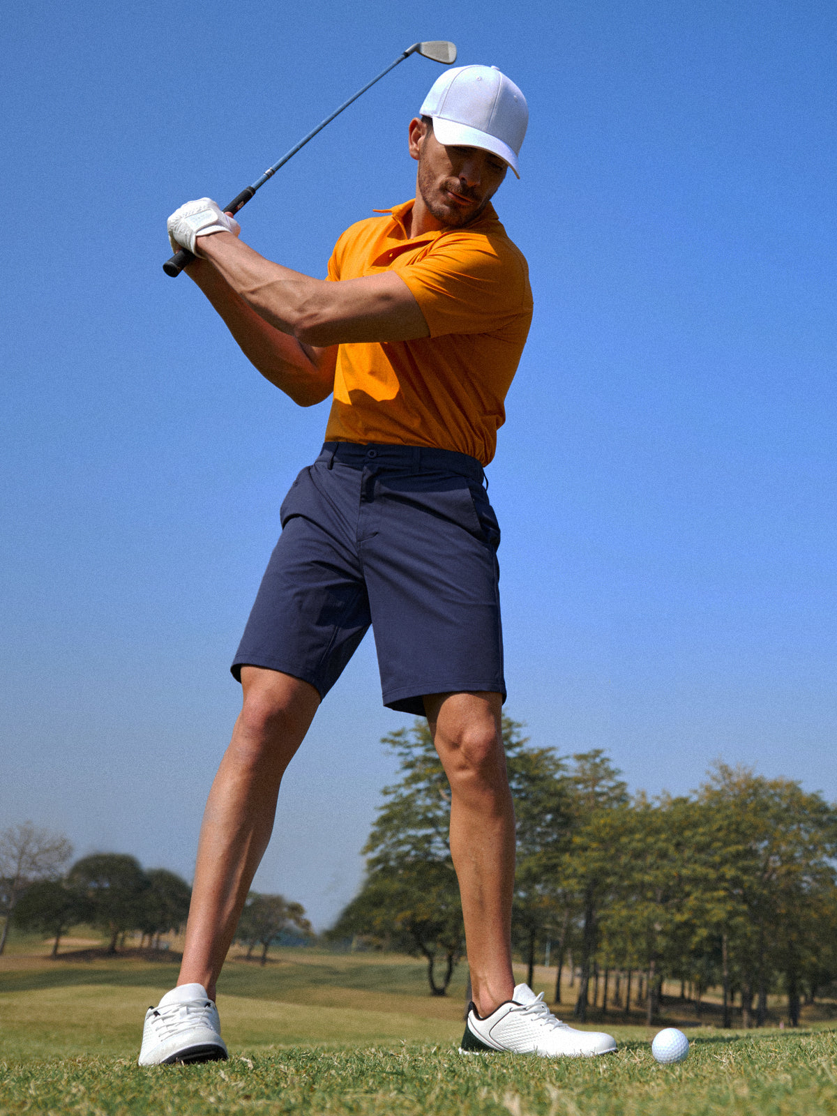 Navy Men's 9" Performance Golf Shorts On-Model - 4-Way Stretch Flat Front Casual Work Shorts