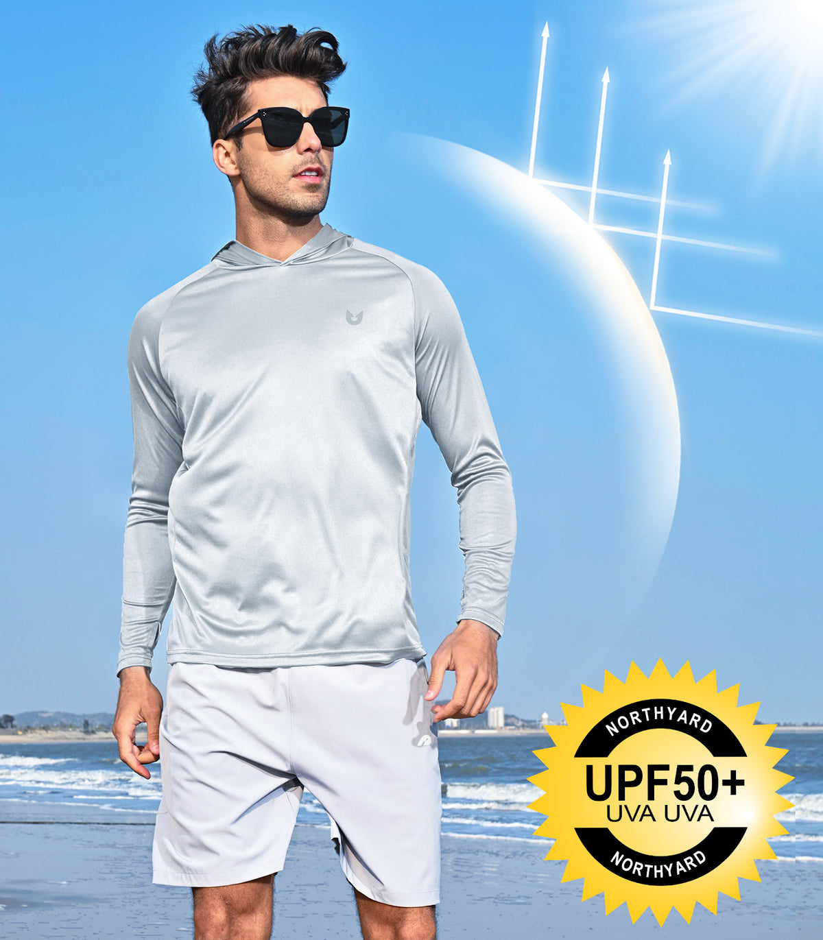 
Men's Fishing Sun Hoodie T Shirt Lightweight Long Sleeve for Workout — Light Grey