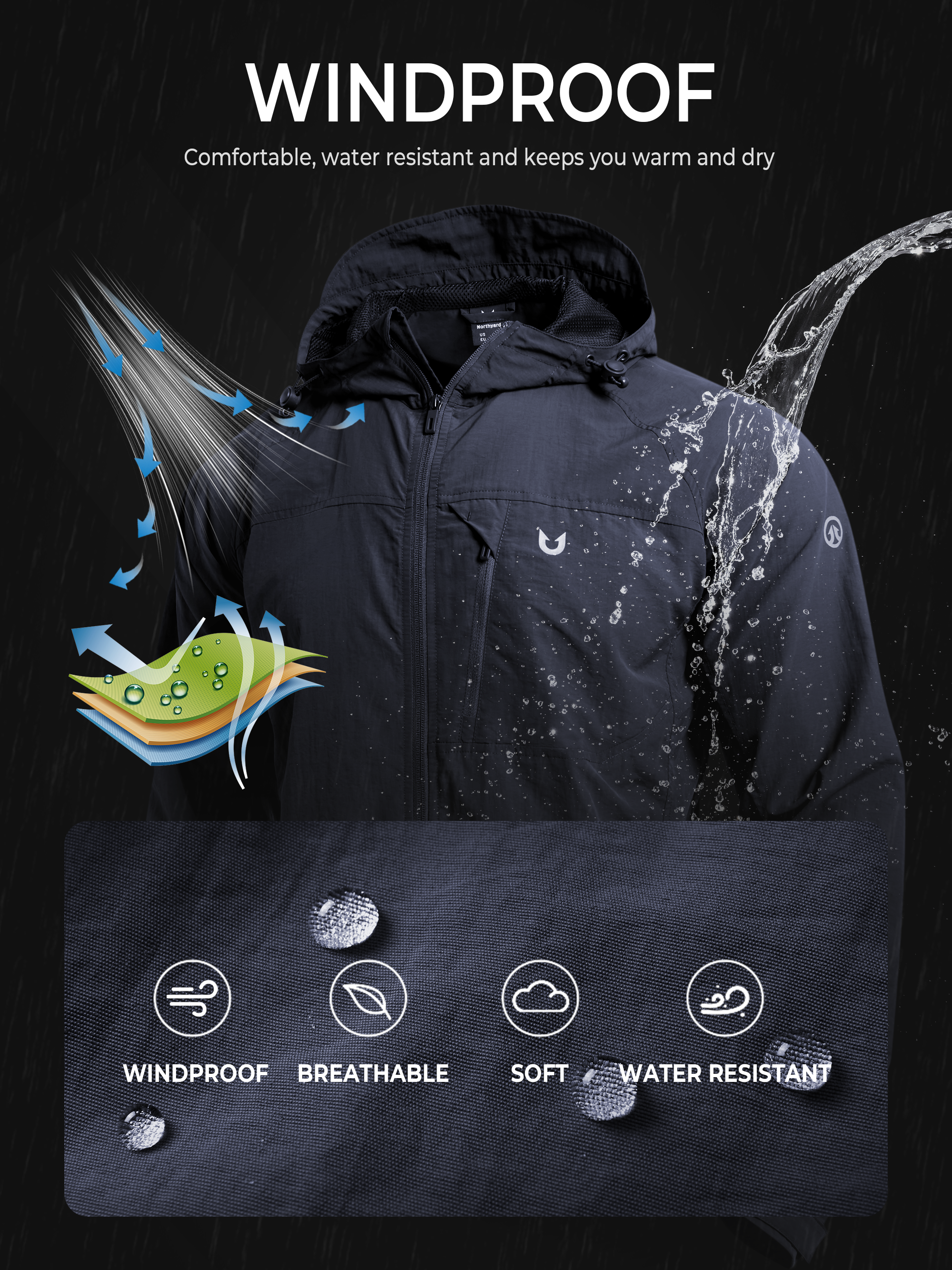 Men's Windbreaker Jackets Lightweight Hooded Windproof Coat for Hiking