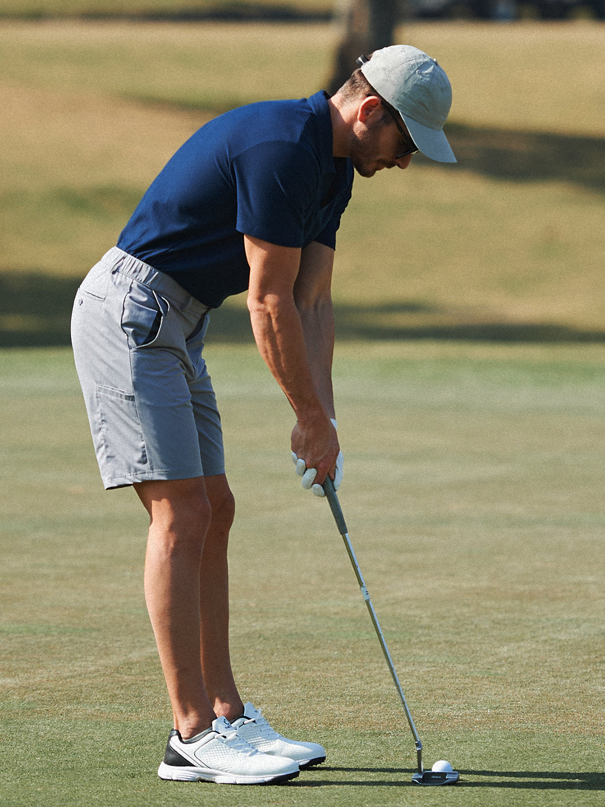 Lightgrey Men's 9" Performance Golf Shorts On-Model - 4-Way Stretch Flat Front Casual Work Shorts