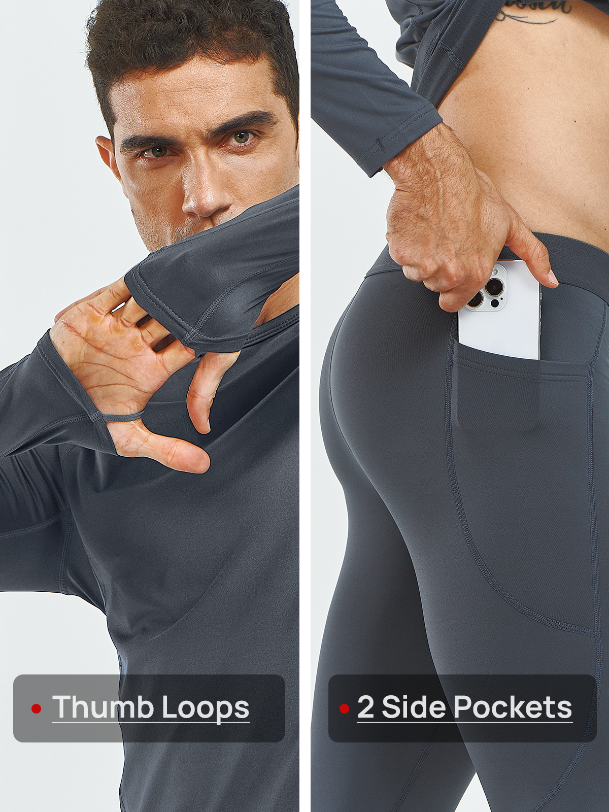 Men's Thermal Underwear Set Long Johns Fleece Shirts with Pockets
