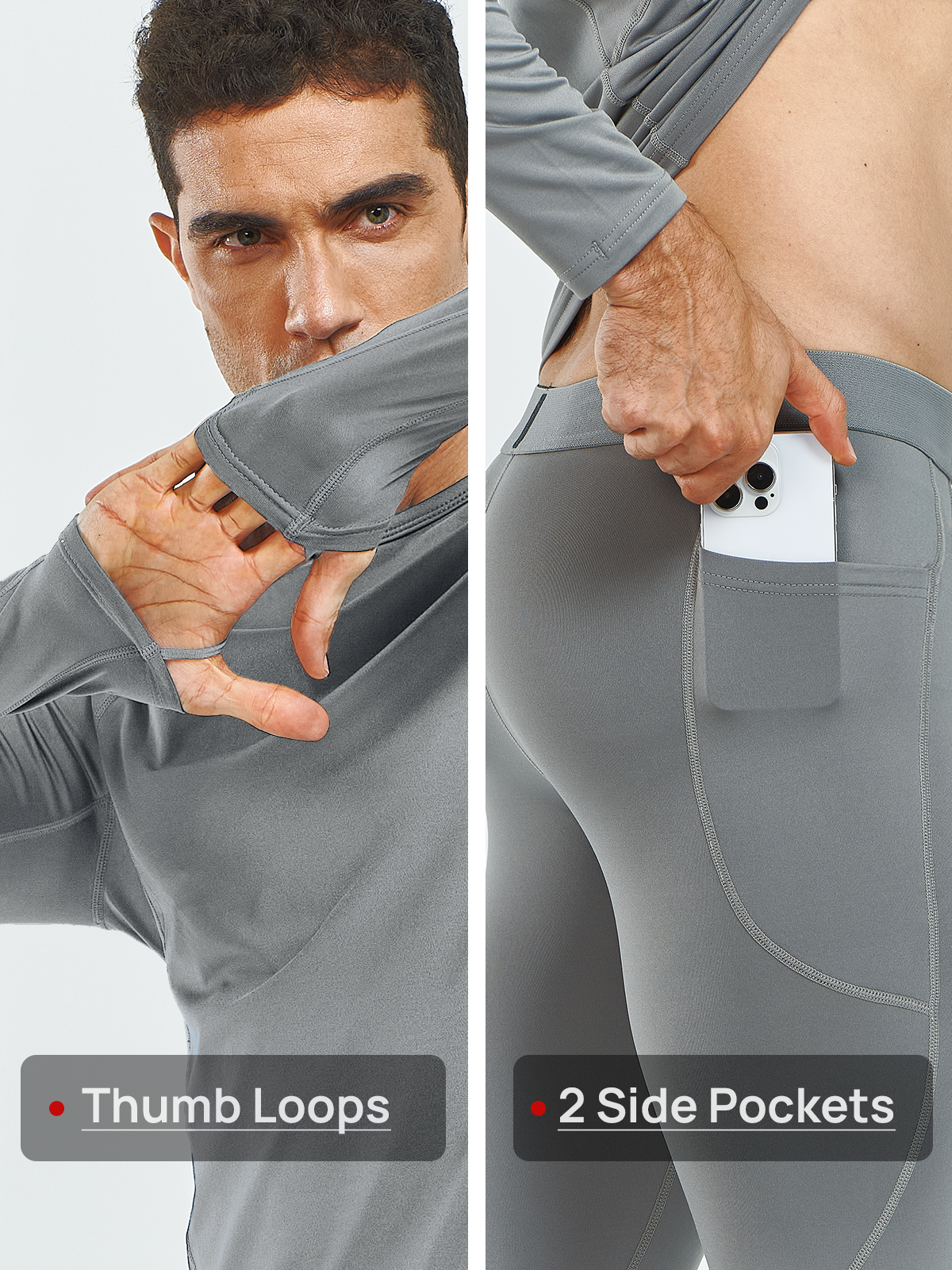 Men's Thermal Underwear Set Long Johns Fleece Shirts with Pockets