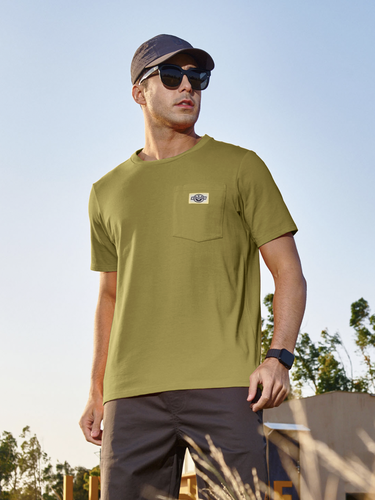 Men's Cotton Crewneck Tee Shirts with Pocket Short Sleeve for Outdoor
