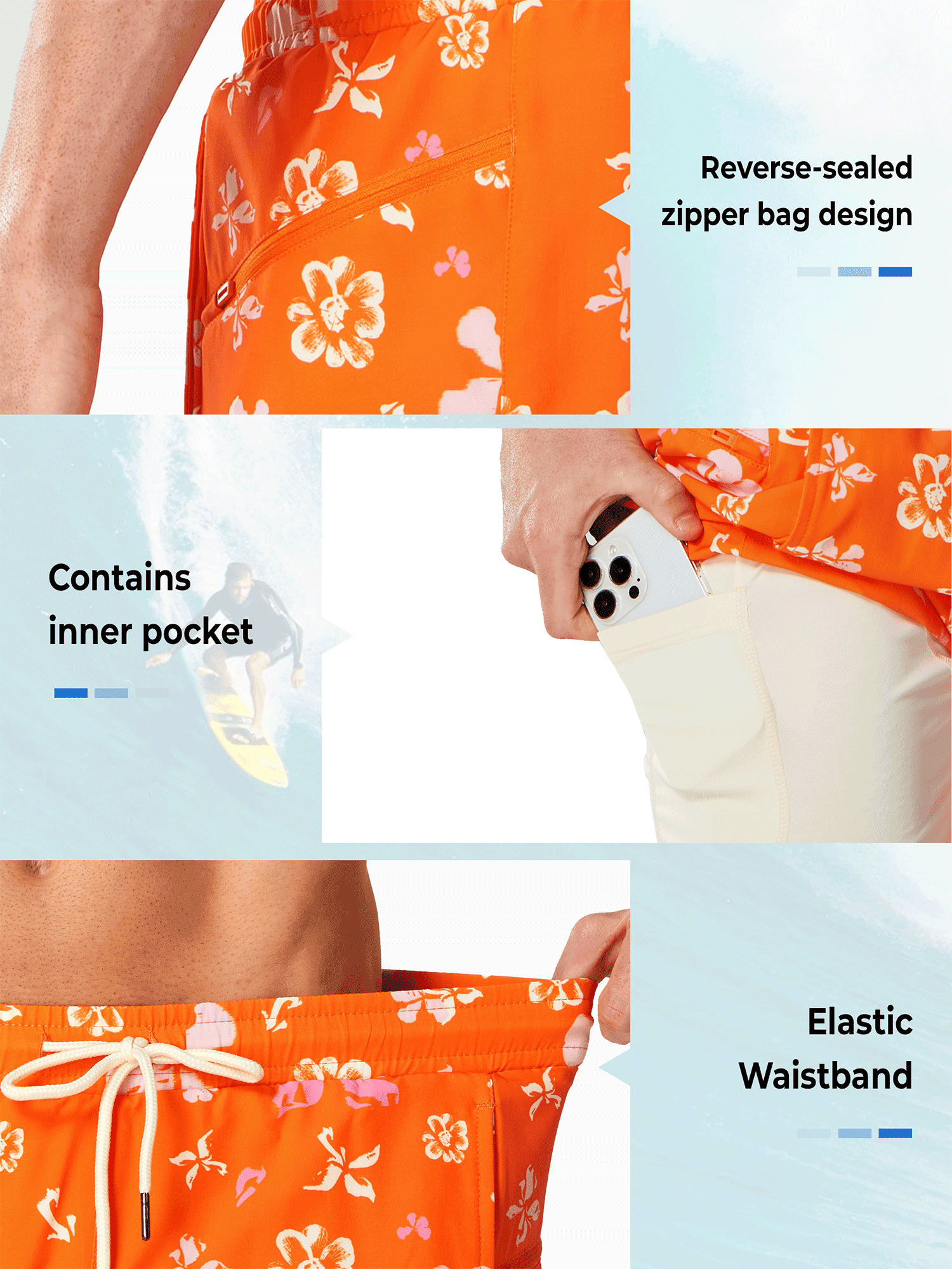 Orangeflower Zipper Pockets with Integrated Drain Holes - Secure Storage