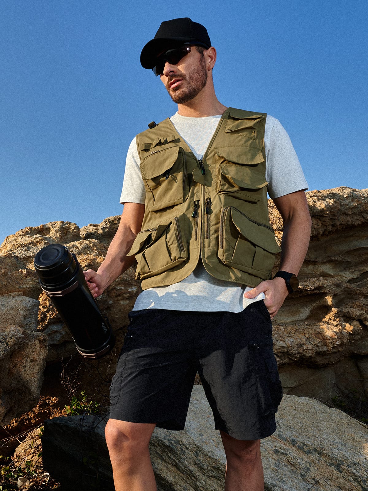 Black Men's 9" Hiking Cargo Shorts On-Model - Outdoor Adventure & Tactical Gear