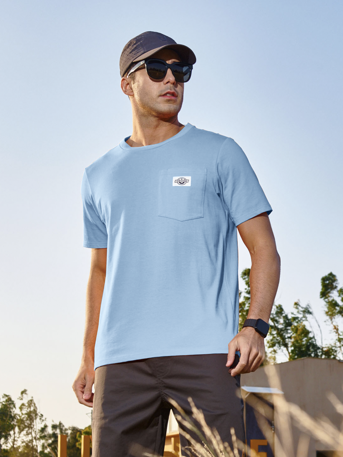 Men's Cotton Crewneck Tee Shirts with Pocket Short Sleeve for Outdoor