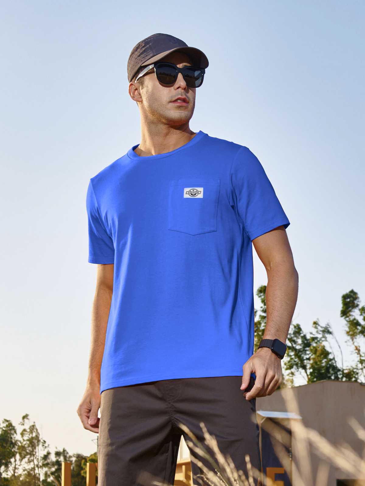 Men's Cotton Crewneck Tee Shirts with Pocket Short Sleeve for Outdoor