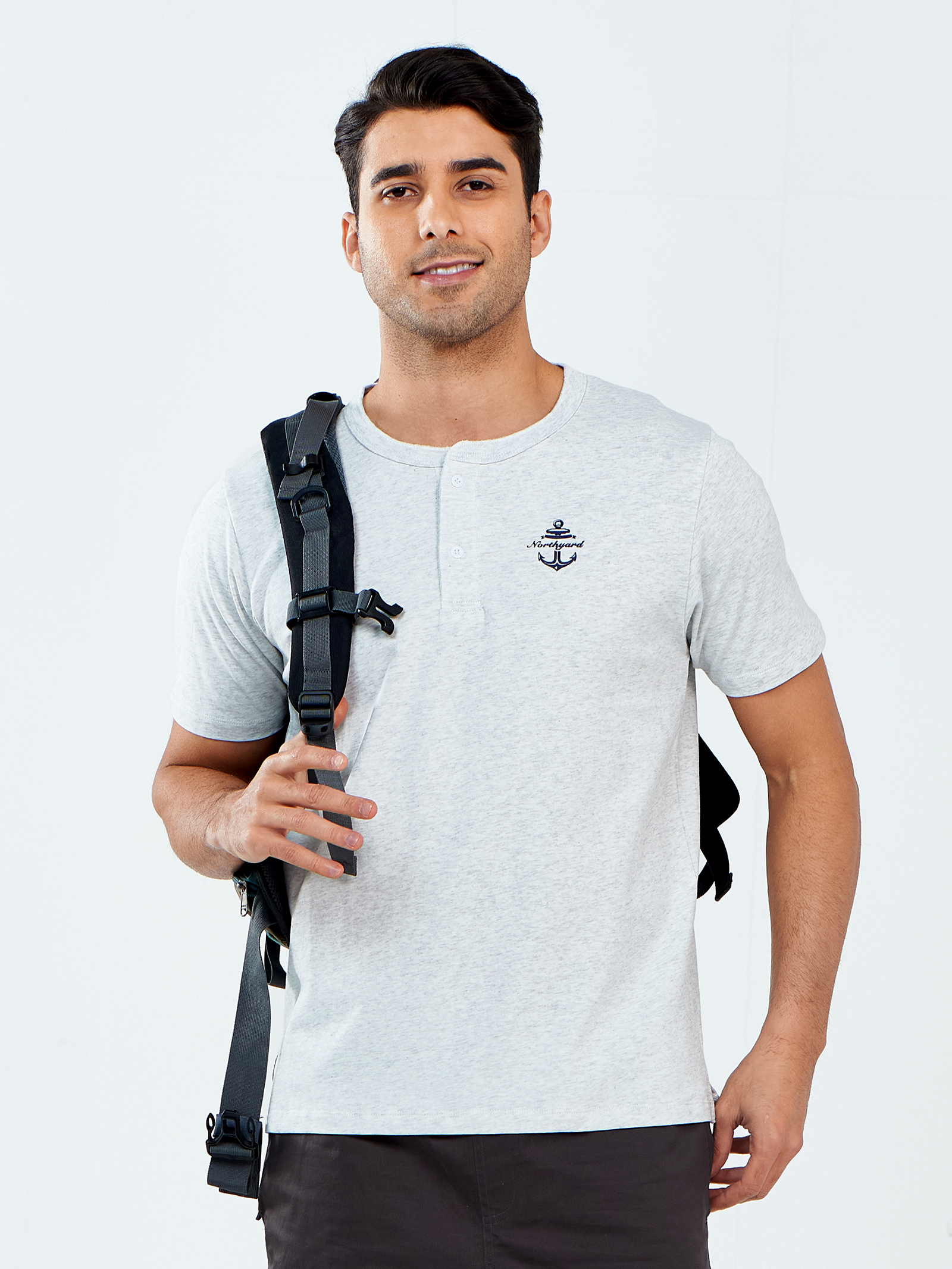 Men's Casual Henley T Shirts Cotton Crewneck Short Sleeve with Button