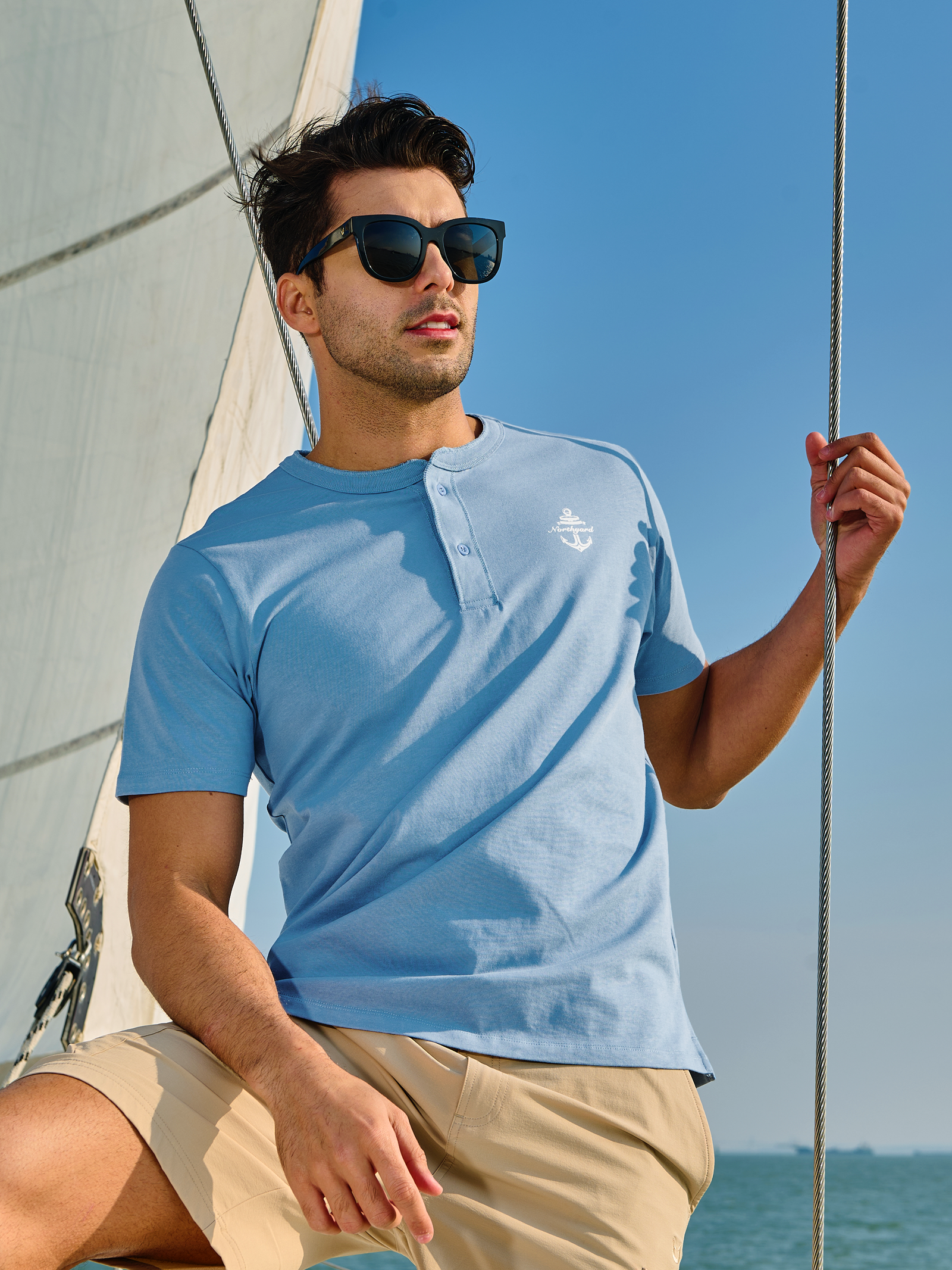 Men's Casual Henley T Shirts Cotton Crewneck Short Sleeve with Button