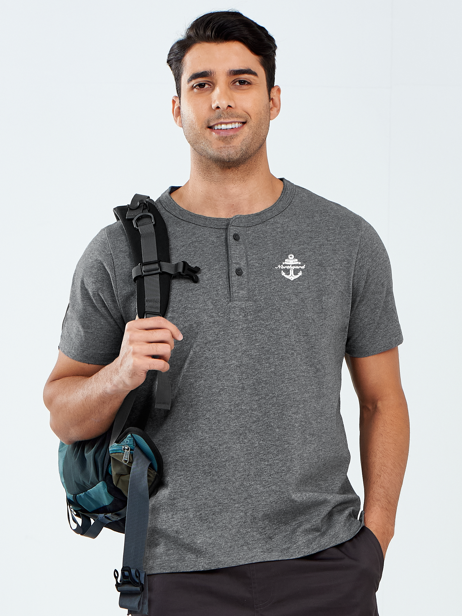 Men's Casual Henley T Shirts Cotton Crewneck Short Sleeve with Button