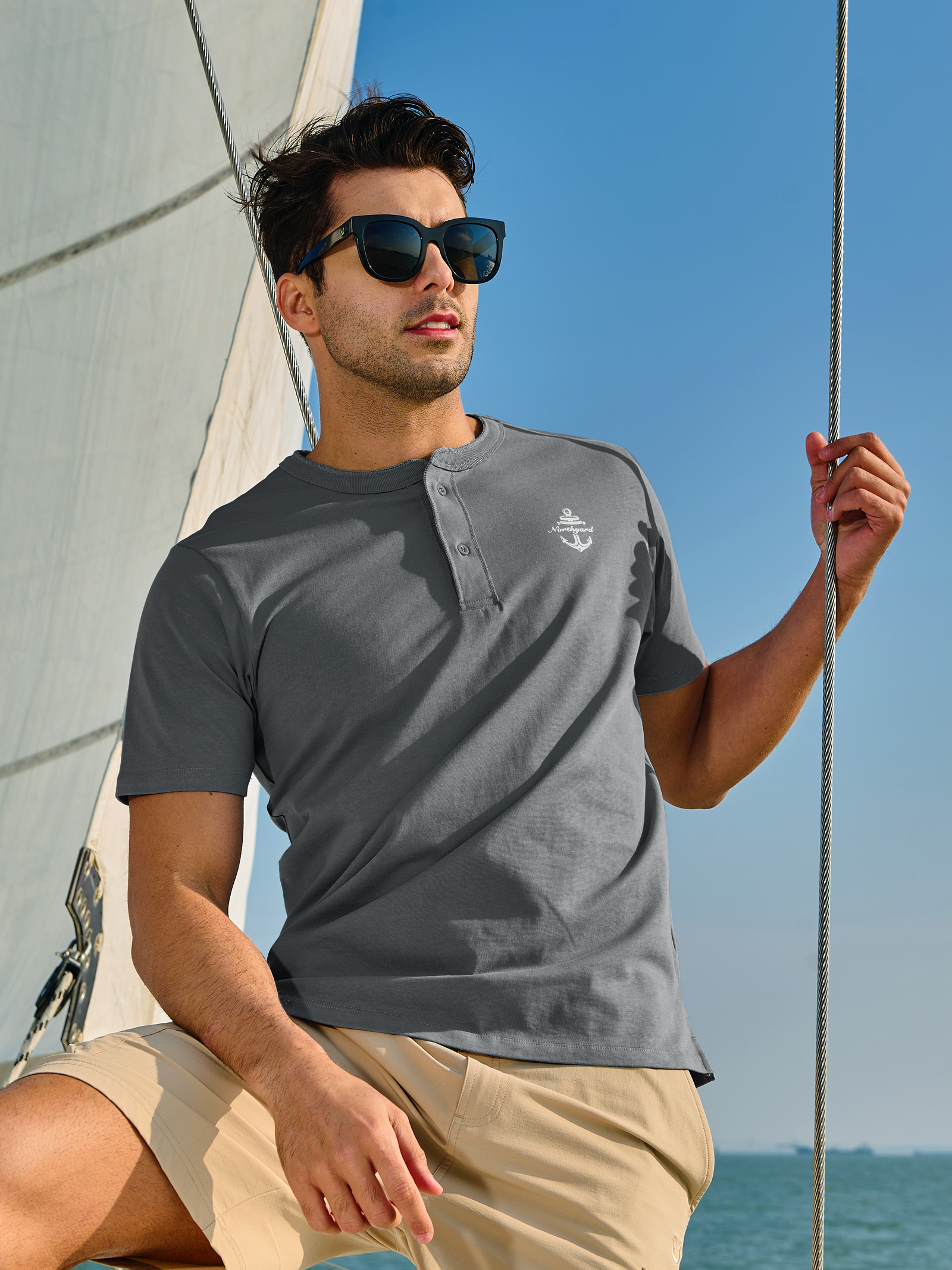 Men's Casual Henley T Shirts Cotton Crewneck Short Sleeve with Button