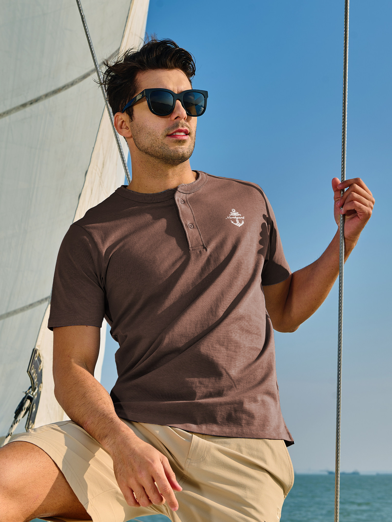 Men's Casual Henley T Shirts Cotton Crewneck Short Sleeve with Button