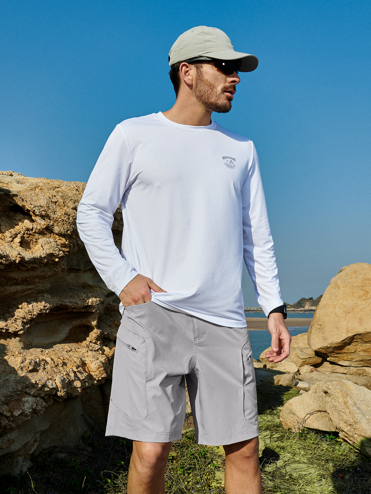Light Grey Men's 9" Hiking Cargo Shorts On-Model - Lightweight Outdoor Adventure & Tactical Gear