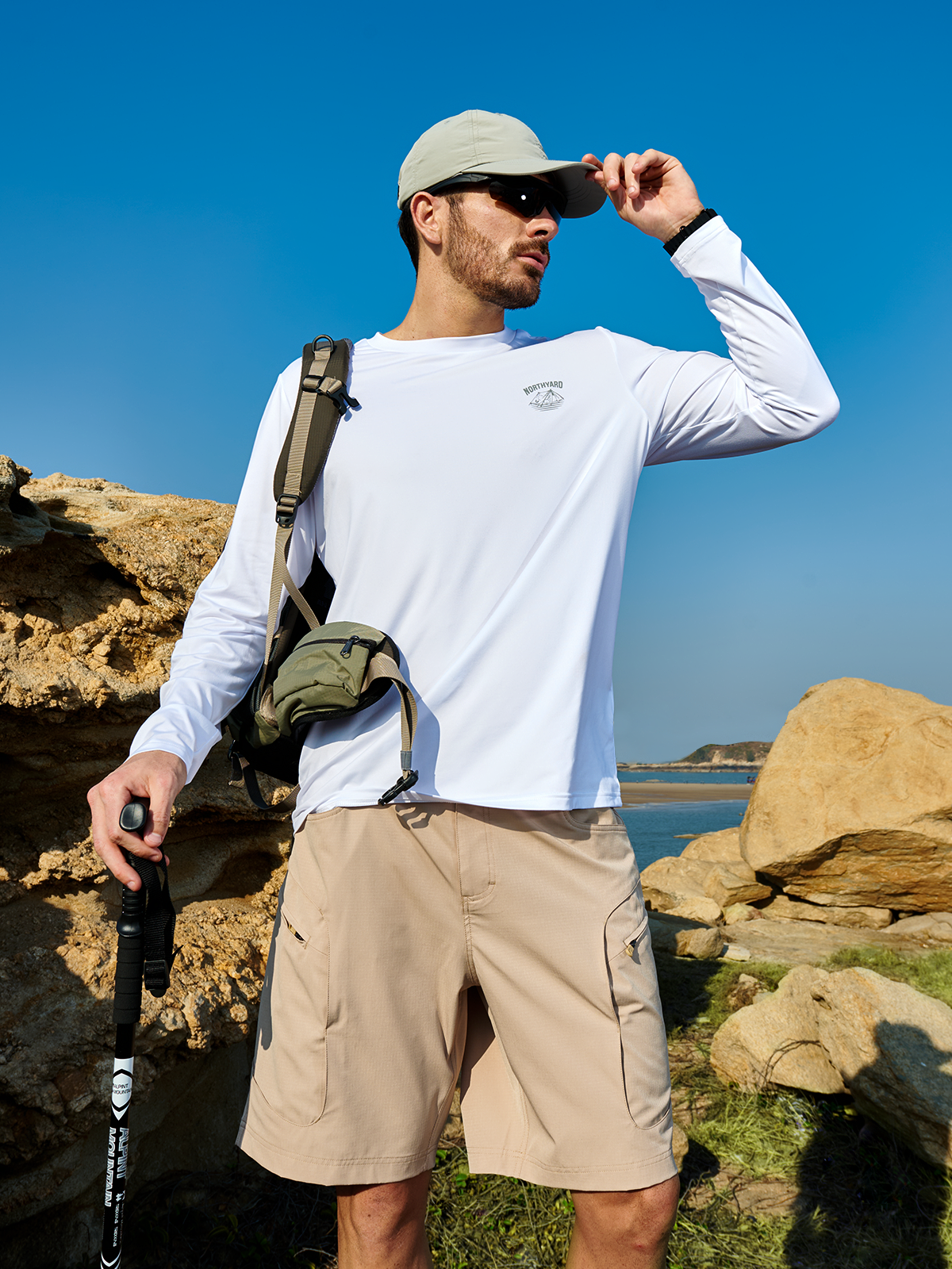 Khaki Men's 9" Hiking Cargo Shorts On-Model - Lightweight Outdoor Adventure & Tactical Gear