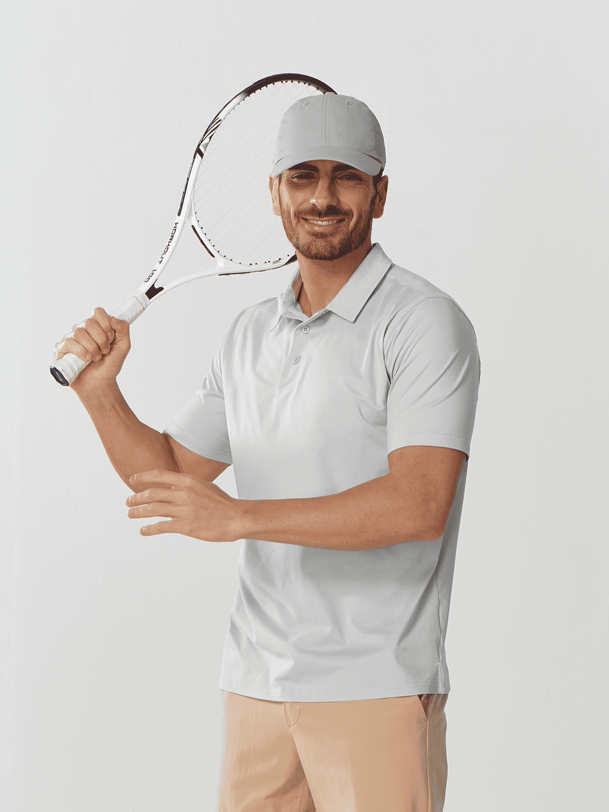 Light Grey Men's Performance Henley Golf Polo On-Model - Modern Smart-Casual Office Wear
