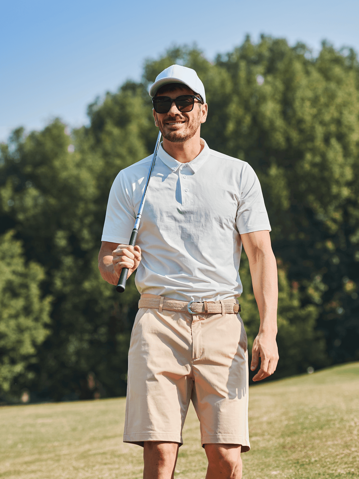 Lightkhaki Men's 9" Casual Stretch Golf Shorts On-Model - Lightweight Performance Knit Work & Beach Shorts