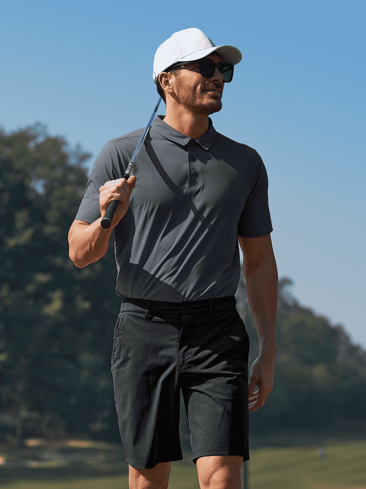 Dark Grey Men's Performance Henley Golf Polo On-Model - Modern Smart-Casual Office Wear