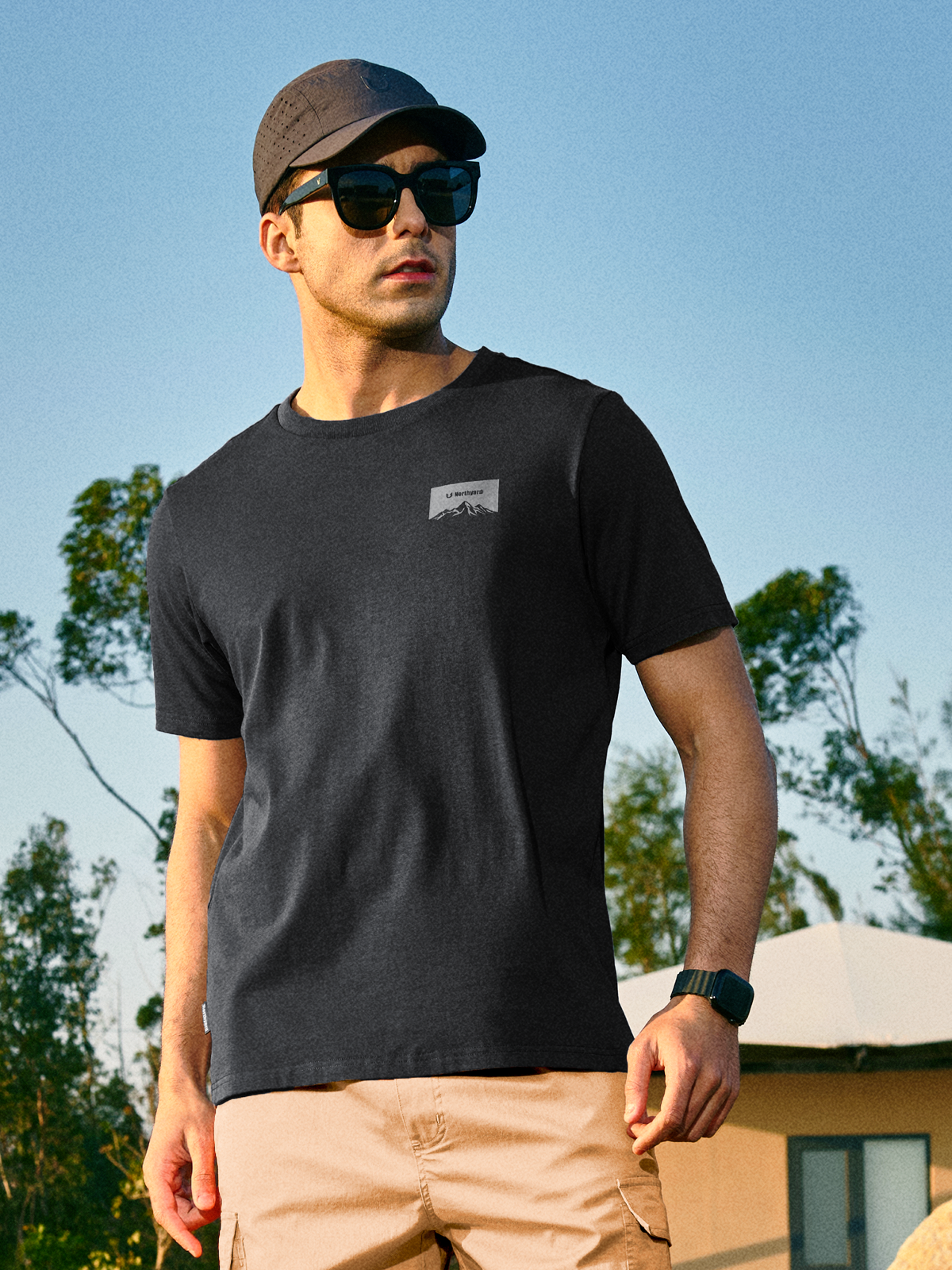 Men's Cotton Hiking Tee Shirts Heavyweight Casual Crewneck for Outdoor
