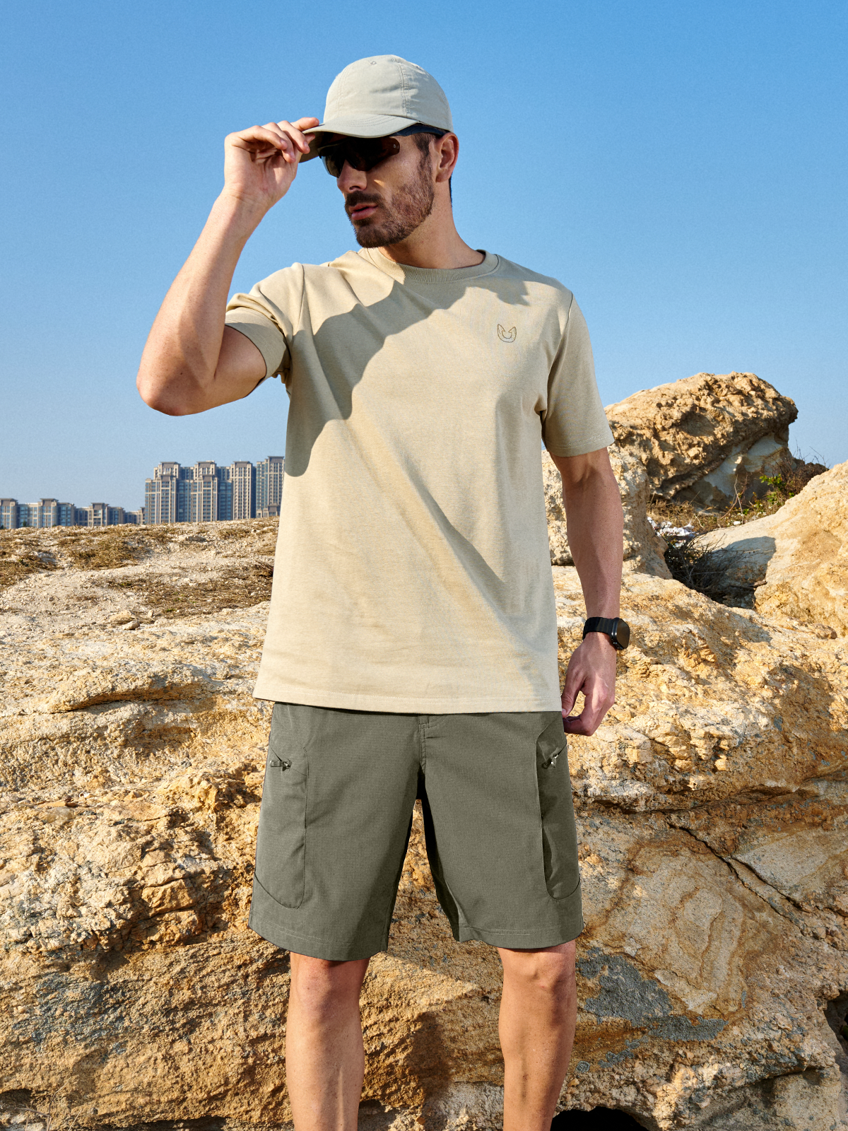 Sage Green Men's 9" Hiking Cargo Shorts On-Model - Lightweight Outdoor Adventure & Tactical Gear