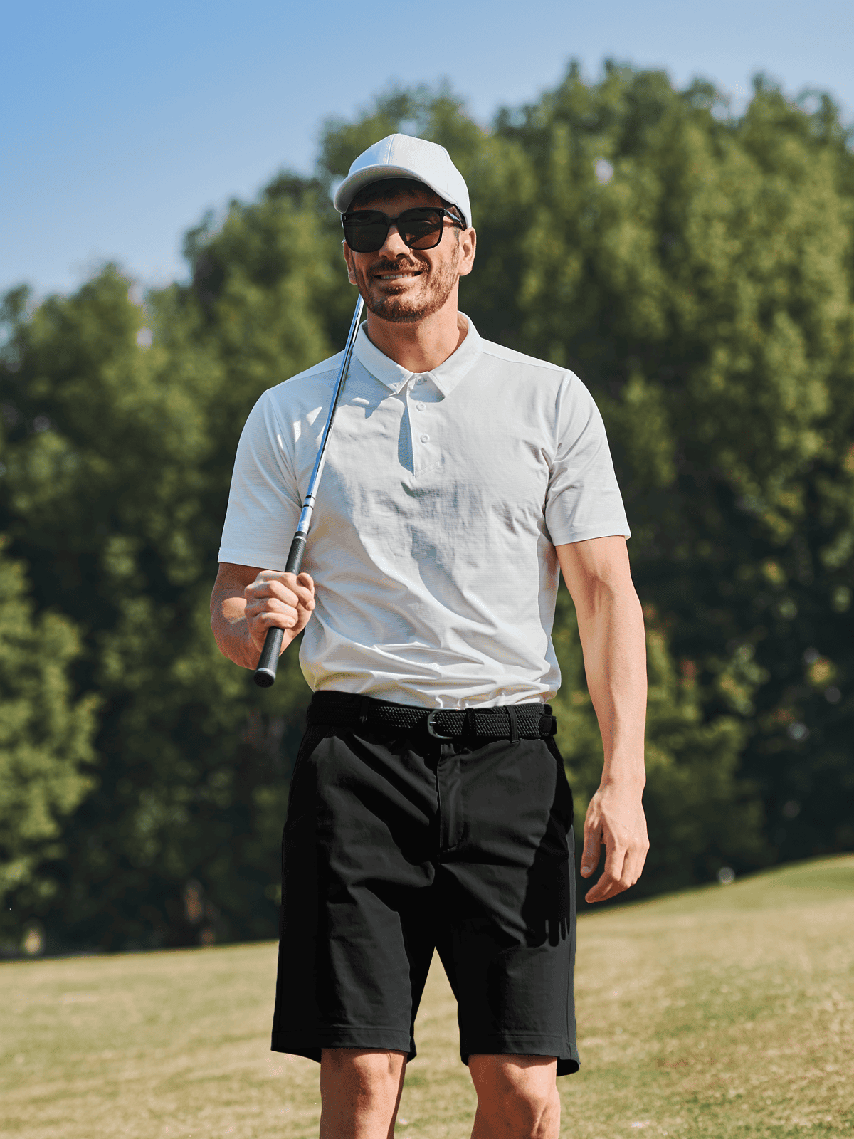 Black Men's 9" Casual Stretch Golf Shorts On-Model - Lightweight Performance Knit Work & Beach Shorts