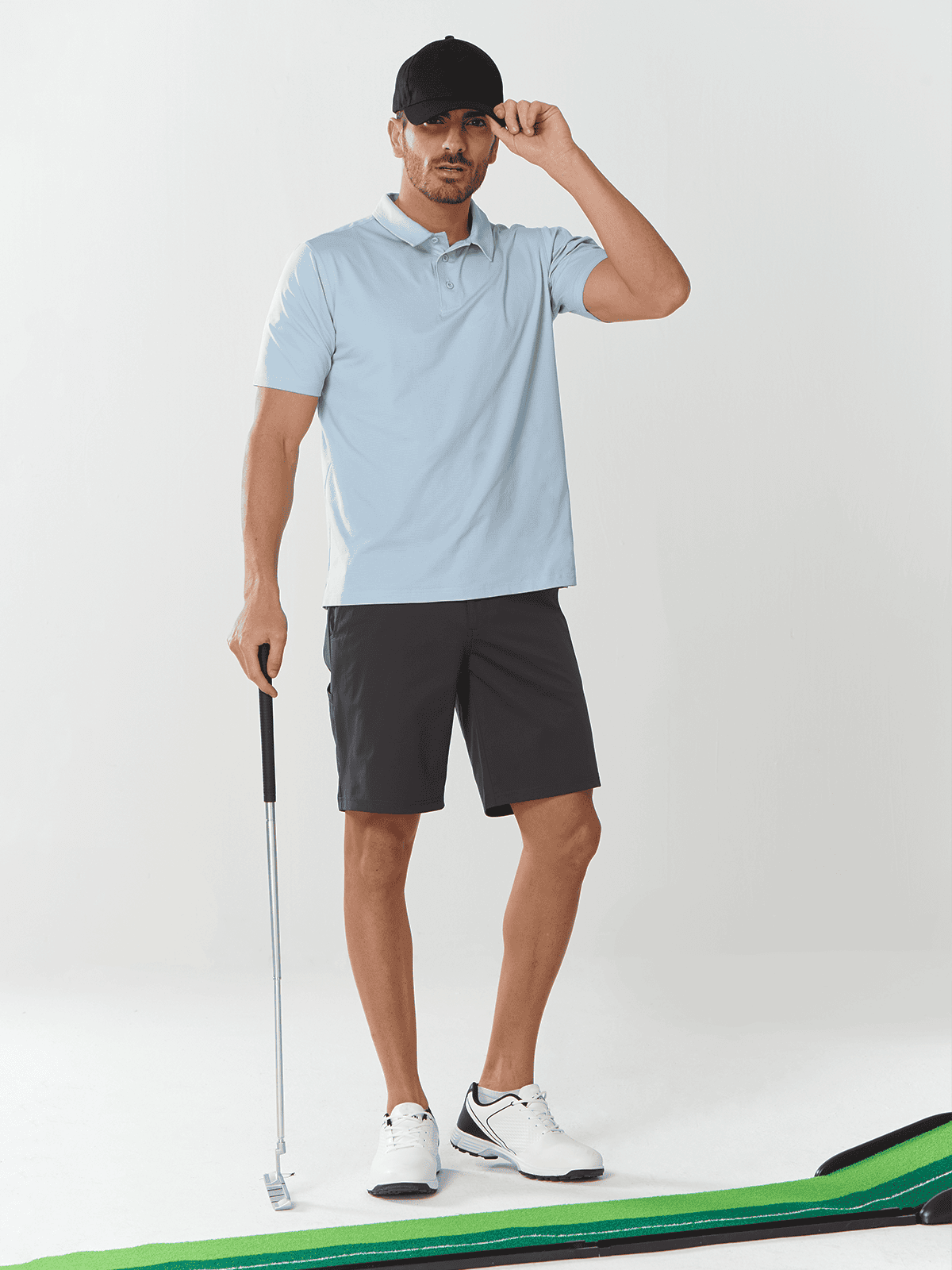 Sky Blue Men's Performance Henley Golf Polo On-Model - Modern Smart-Casual Office Wear