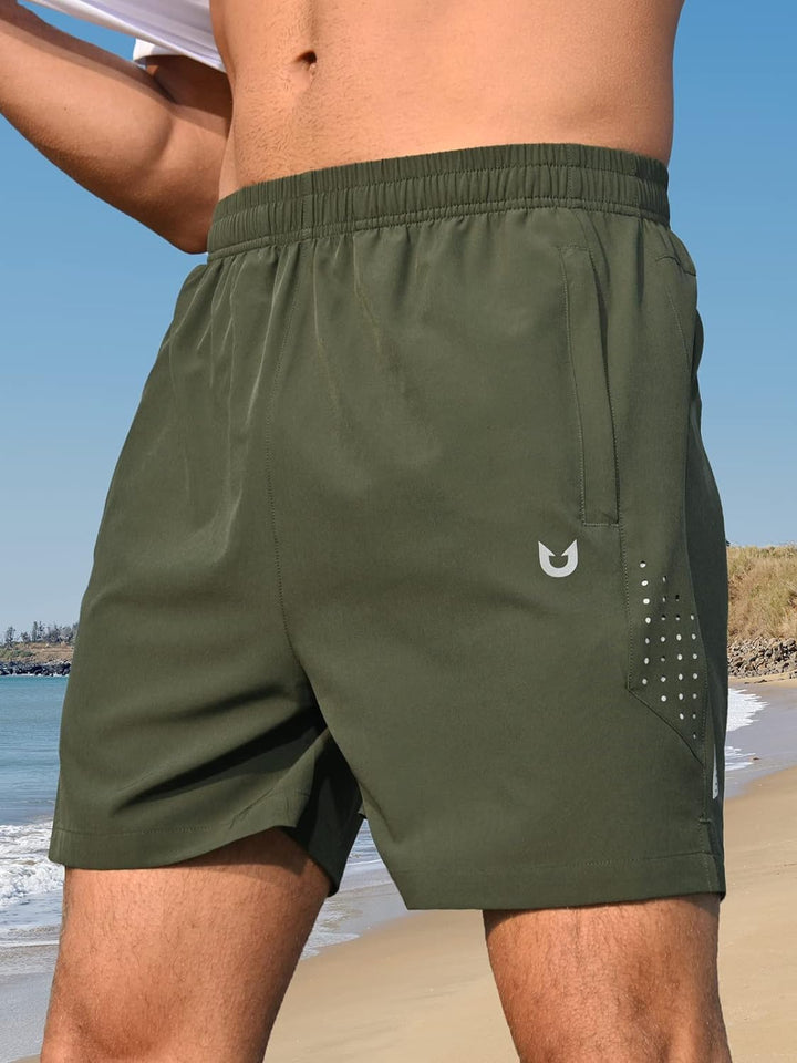 NORTHYARD Men's 5-Inch Army Green Workout Athletic Shorts with Zipper Pockets for Football Front