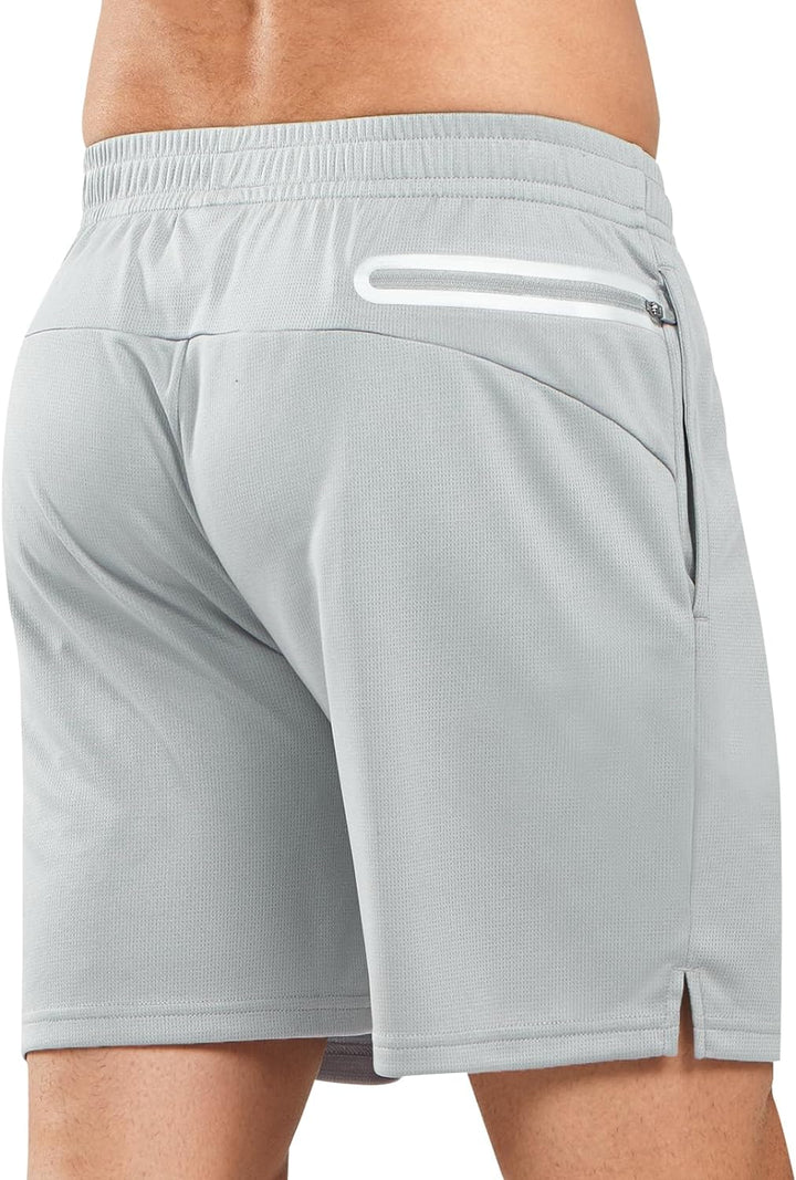 Men's Light Grey 5-inch Tennis Mesh Shorts with Pockets Quick Dry for Gym Running Back