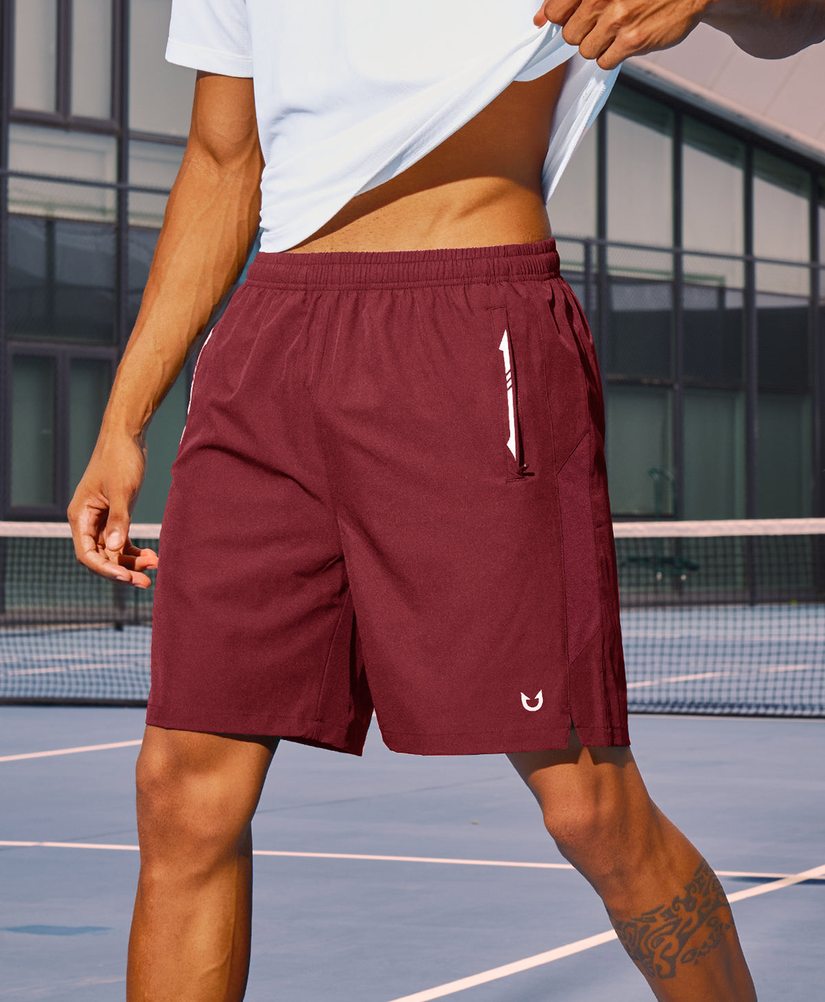 
Men's 7" Stretchy Performance Pickleball Shorts with Triple Secure Zipper Pockets — WINE