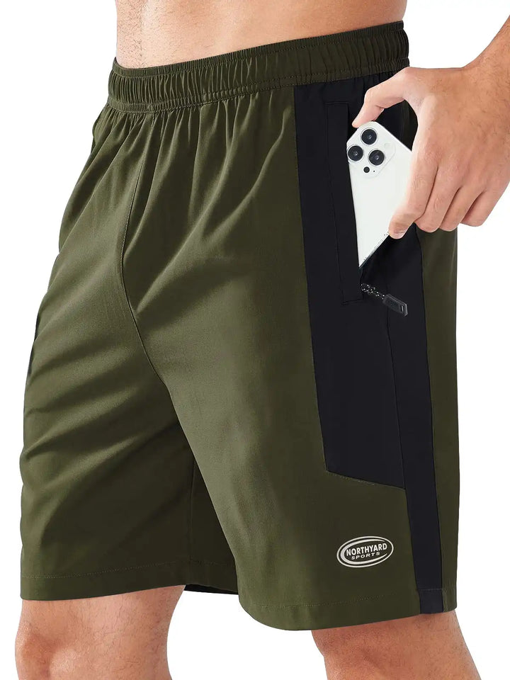 Men's Army Green Athletic 7" Shorts With Zipper Pockets