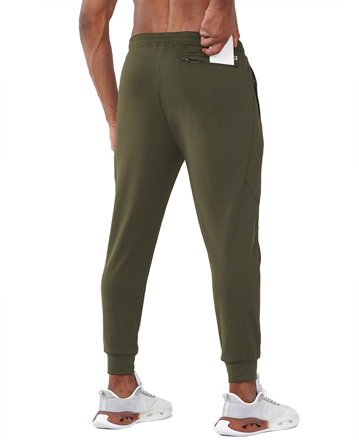 Men's Army Green Exercise Workout Joggers Tapered Lightweight Pants For Gym Hiking Pockets