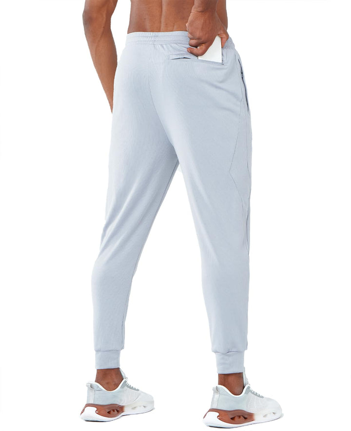 Men's Light Grey Exercise Workout Joggers Tapered Lightweight Pants For Gym Hiking Pockets