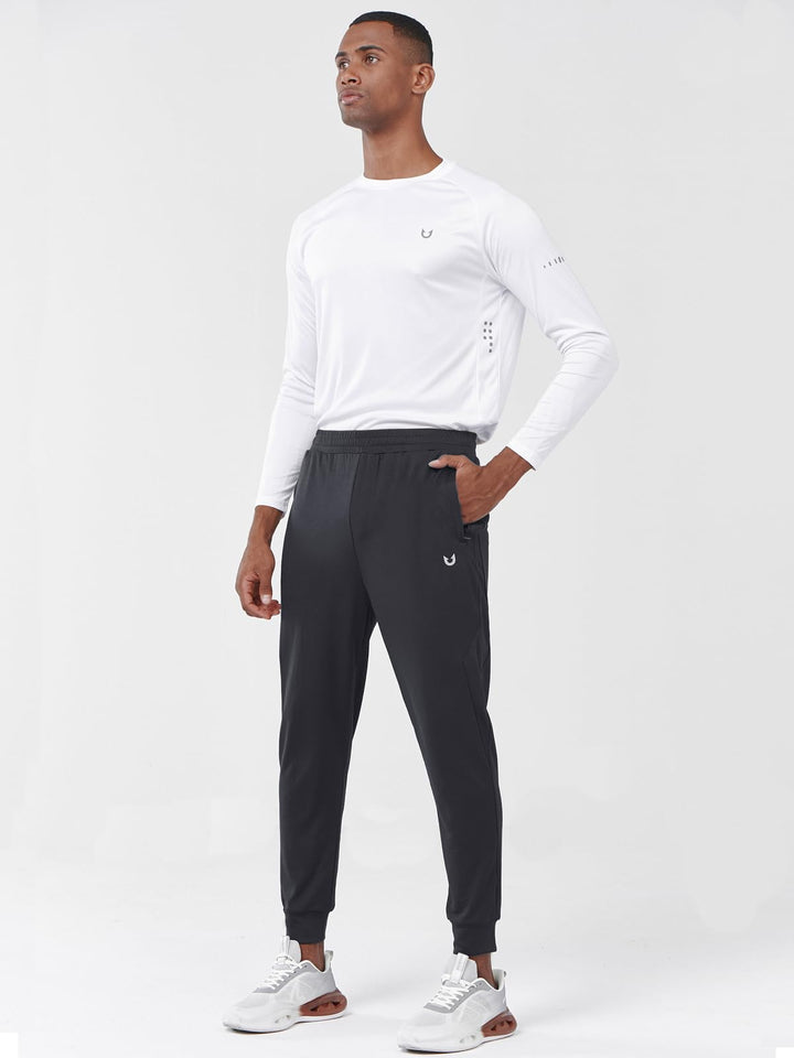 Men's Black Exercise Workout Joggers Tapered Lightweight Pants For Gym Hiking Front