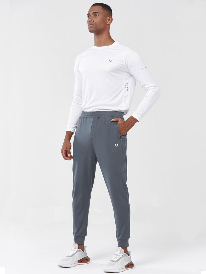Men's Smoke Grey Exercise Workout Joggers Tapered Lightweight Pants For Gym Hiking Front