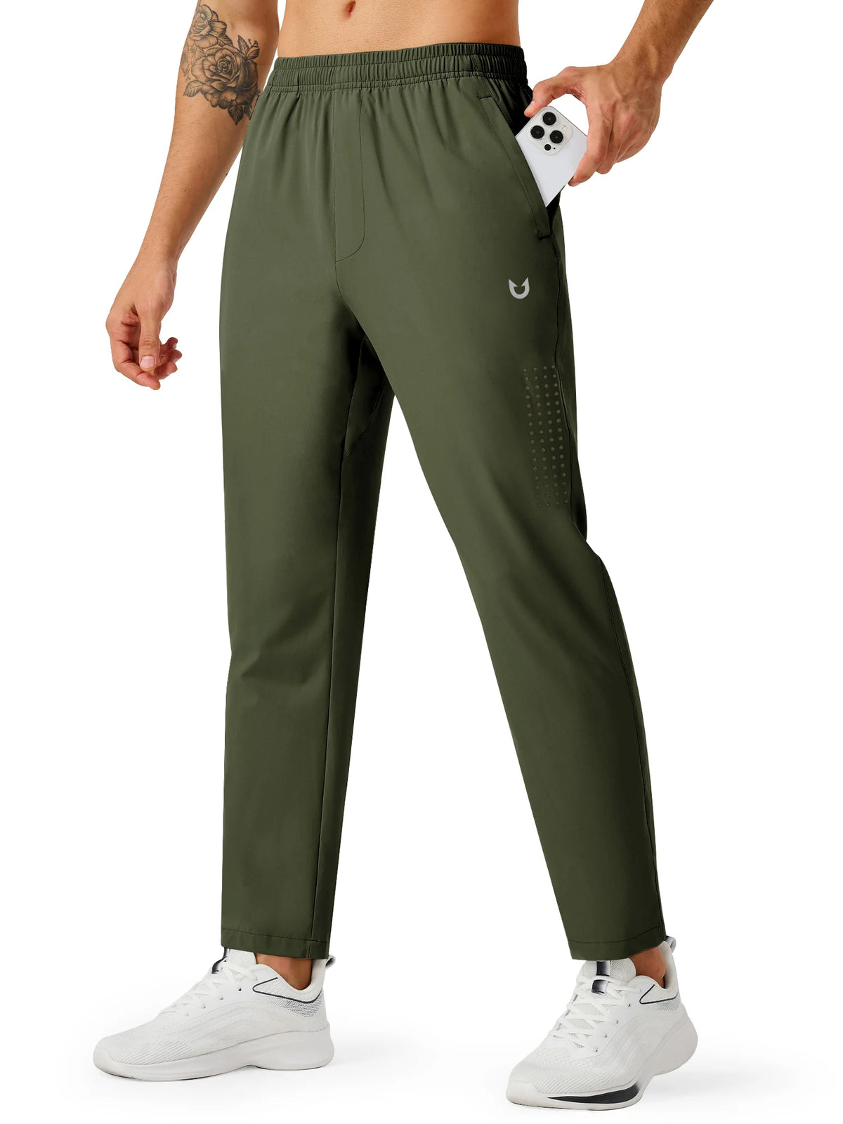 
Men's Open-Bottom Running Workout Pants with 3 Zipper Pockets — NORTHYARD men's army green open-bottom workout pants, front view on model — army green