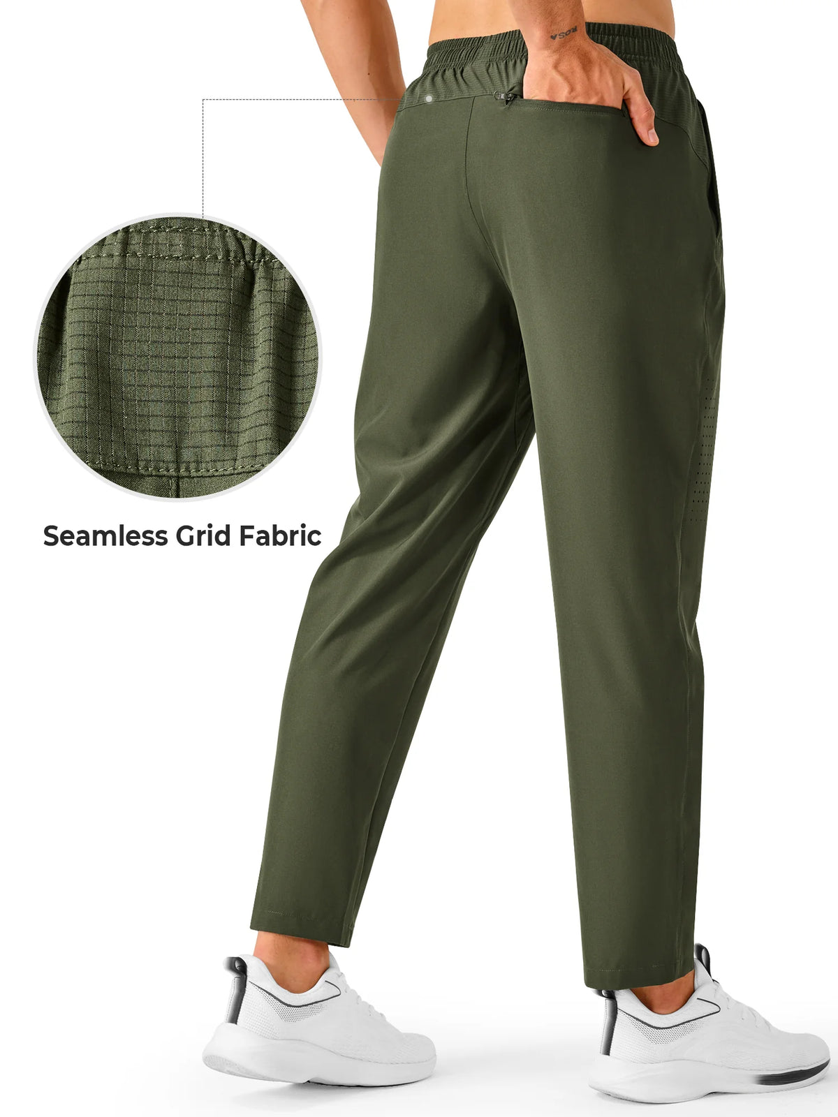 
Men's Open-Bottom Running Workout Pants with 3 Zipper Pockets — NORTHYARD men's army green open-bottom workout pants, back view and fabric detail — army green