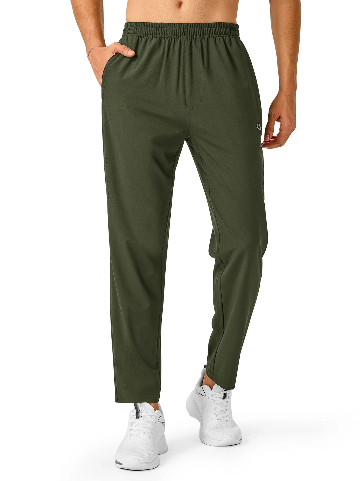 
Men's Open-Bottom Running Workout Pants with 3 Zipper Pockets — NORTHYARD men's army green open-bottom workout pants, alternate front view on model — army green