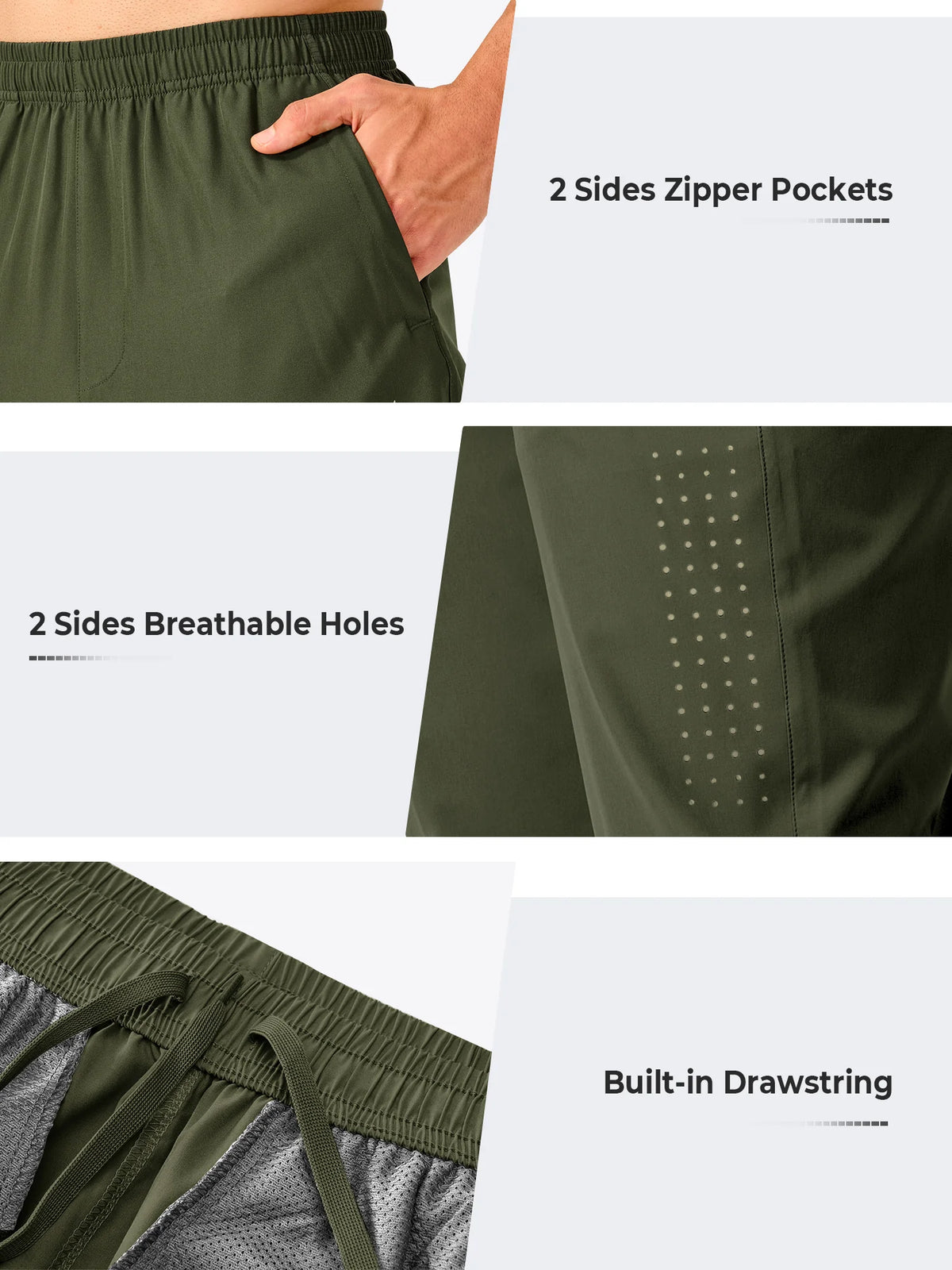 
Men's Open-Bottom Running Workout Pants with 3 Zipper Pockets — NORTHYARD men's army green open-bottom workout pants, zipper pocket, ventilation and waistband details — army green