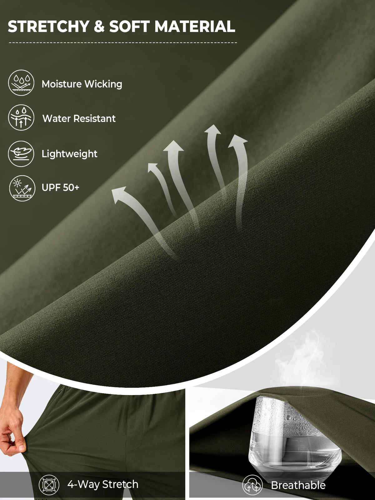 
Men's Open-Bottom Running Workout Pants with 3 Zipper Pockets — NORTHYARD men's army green open-bottom workout pants, fabric feature graphic — army green
