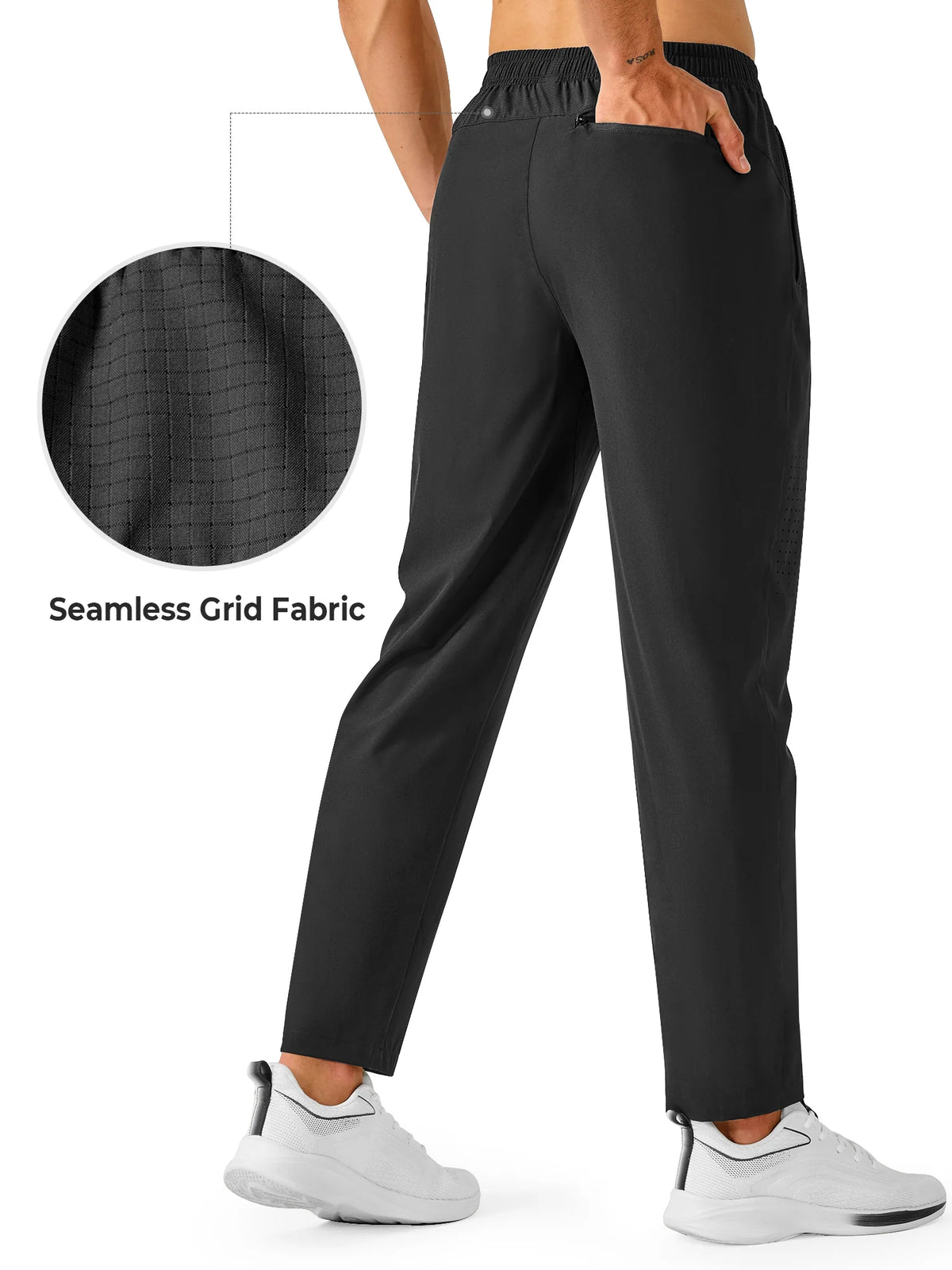 
Men's Open-Bottom Running Workout Pants with 3 Zipper Pockets — NORTHYARD men's black open-bottom workout pants, back view and fabric detail — black