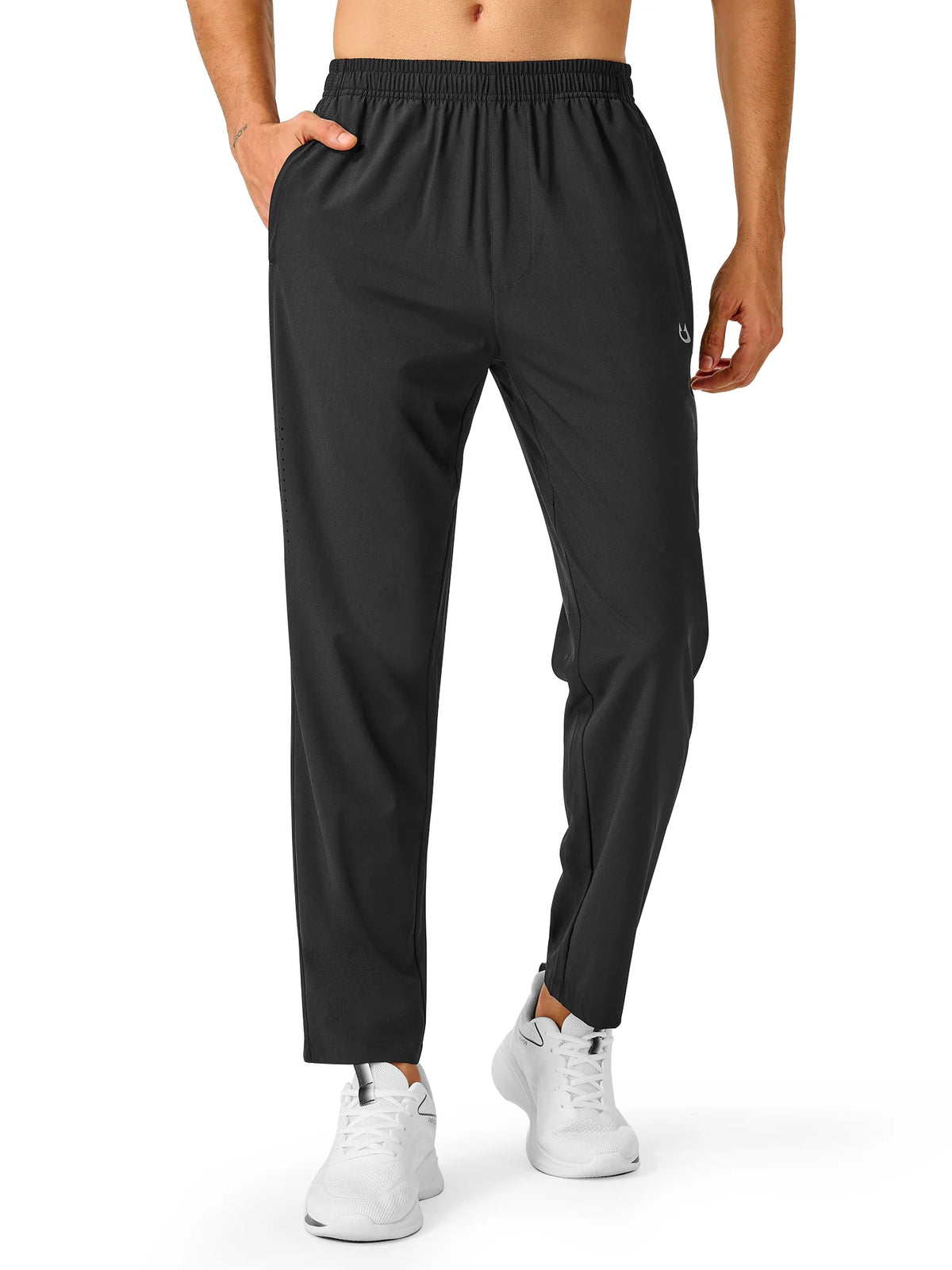 
Men's Open-Bottom Running Workout Pants with 3 Zipper Pockets — NORTHYARD men's black open-bottom workout pants, alternate front view on model — black