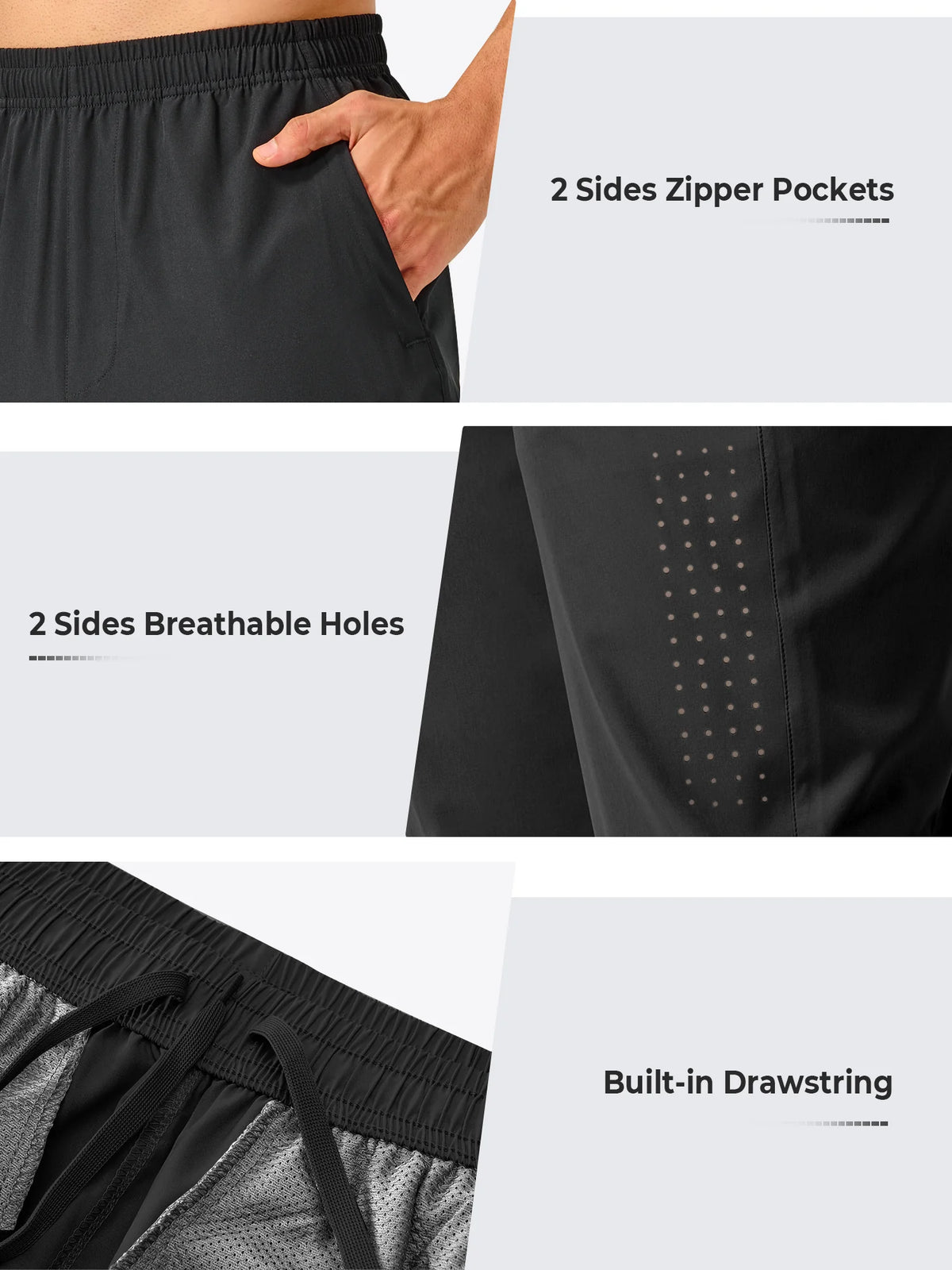 
Men's Open-Bottom Running Workout Pants with 3 Zipper Pockets — NORTHYARD men's black open-bottom workout pants, zipper pocket, ventilation and waistband details — black