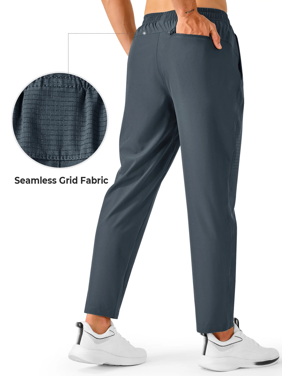 
Men's Open-Bottom Running Workout Pants with 3 Zipper Pockets — NORTHYARD men's cool grey open-bottom workout pants, back view and fabric detail — cool grey